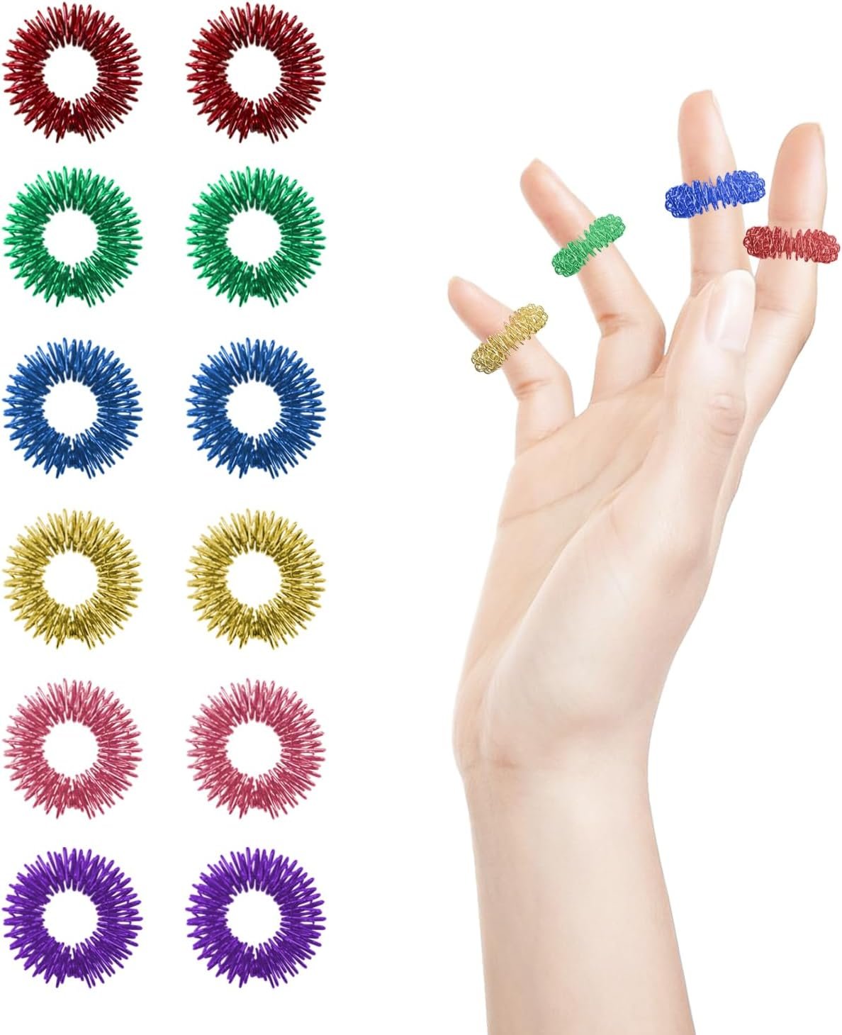 12PCS Acupressure Rings, Anxiety Ring, 6 Colors Acupuncture Ring and Finger Massager, Quiet Fidgets for Classroom, Home and Office Stress Reduction