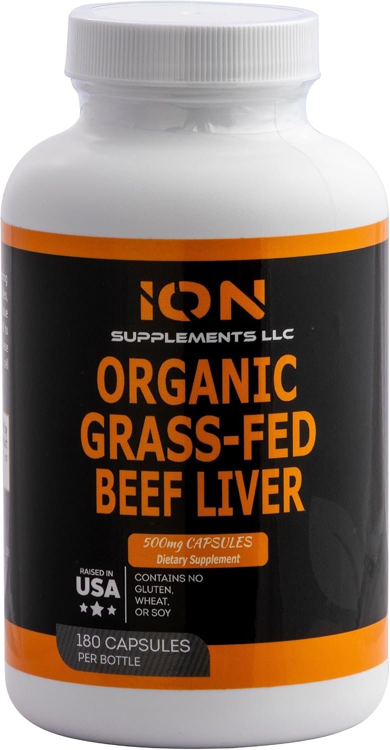 USDA Organic Grass Fed Beef Liver Capsules (180 Caps) – Pasture Raised – Iron, Vitamin A, B, Collagen – Promotes Energy, Detoxification, Whole Body Wellness – Ancestral Paleo Living – Ion Supplements