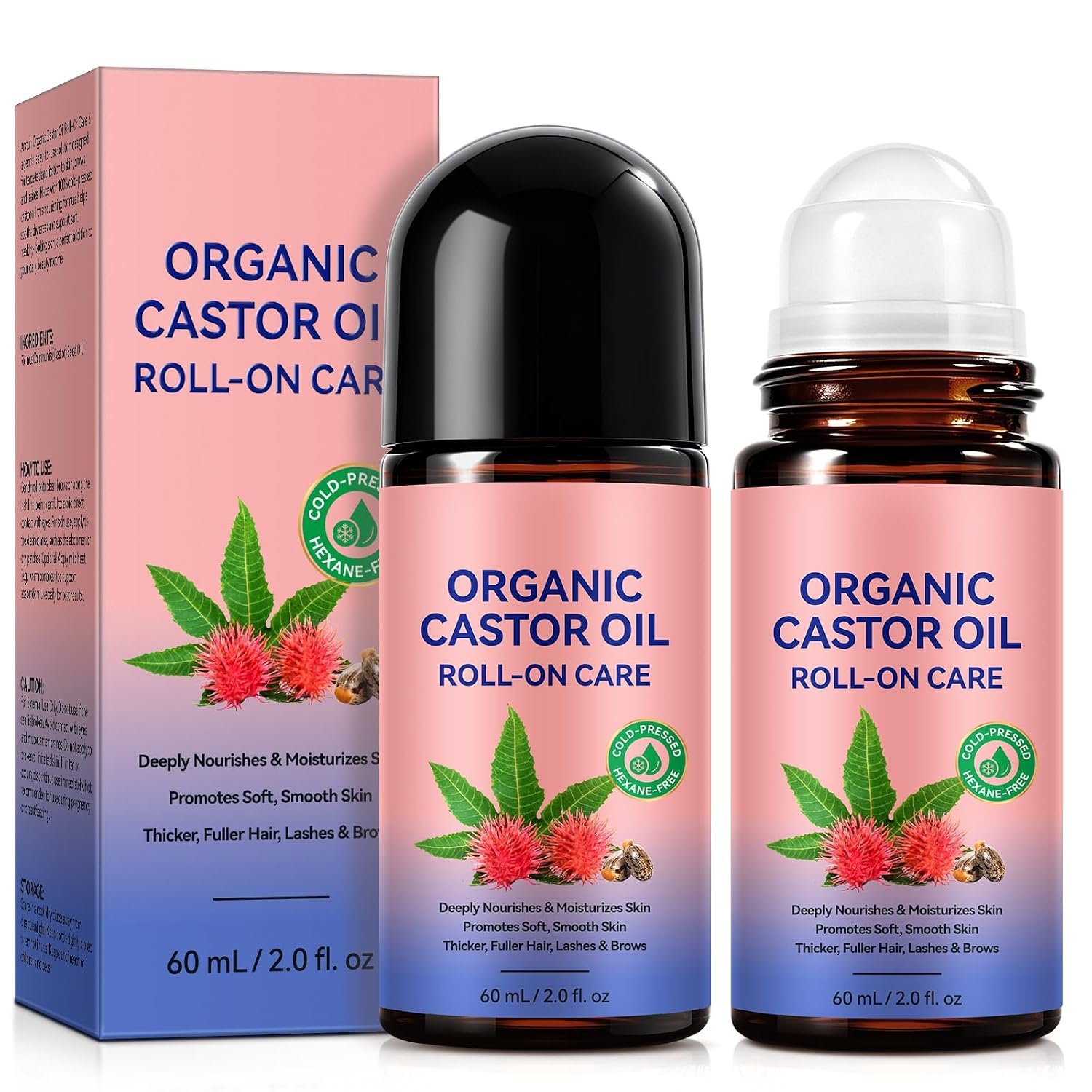 Organic Castor Oil Rose Quartz Roller Ball, 100% Castor Oil Organic Cold Pressed, Thicker Lashes & Brows, for Face and Body, Hair, Eyebrows, Moisturize Skin (2 Pack)