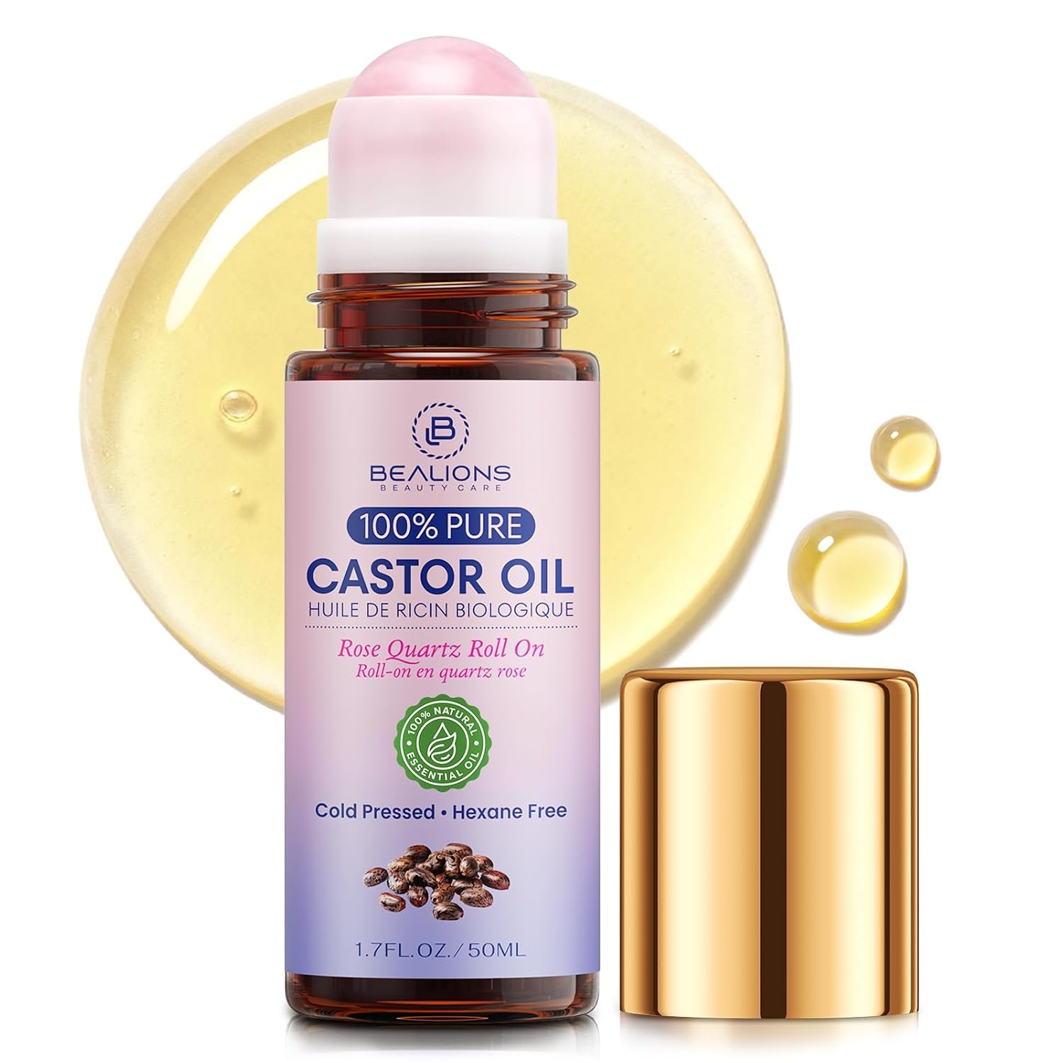 Bealions Castor Oil Rose Quartz Roller Ball (1.7 Fl Oz)