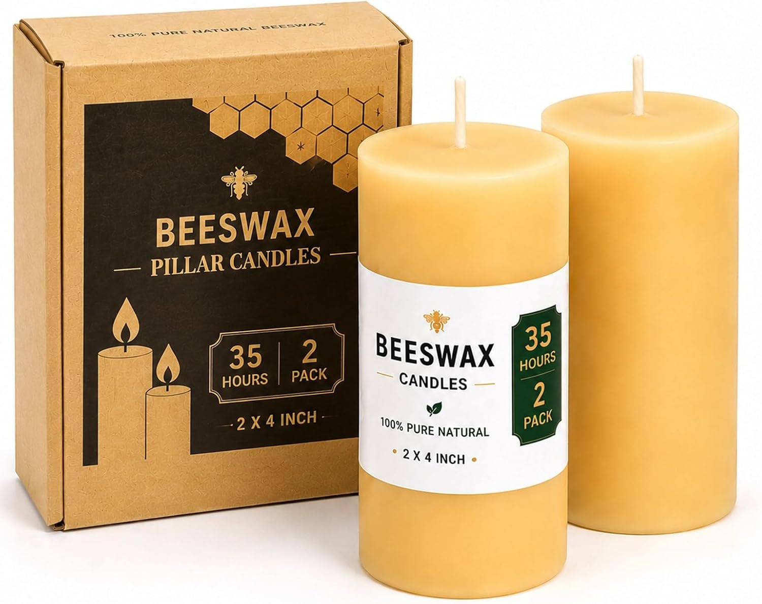 2 Pack Beeswax Pillar Candles,Non-Toxic 2×4 Inch Candle,35 Hour,Yellow
