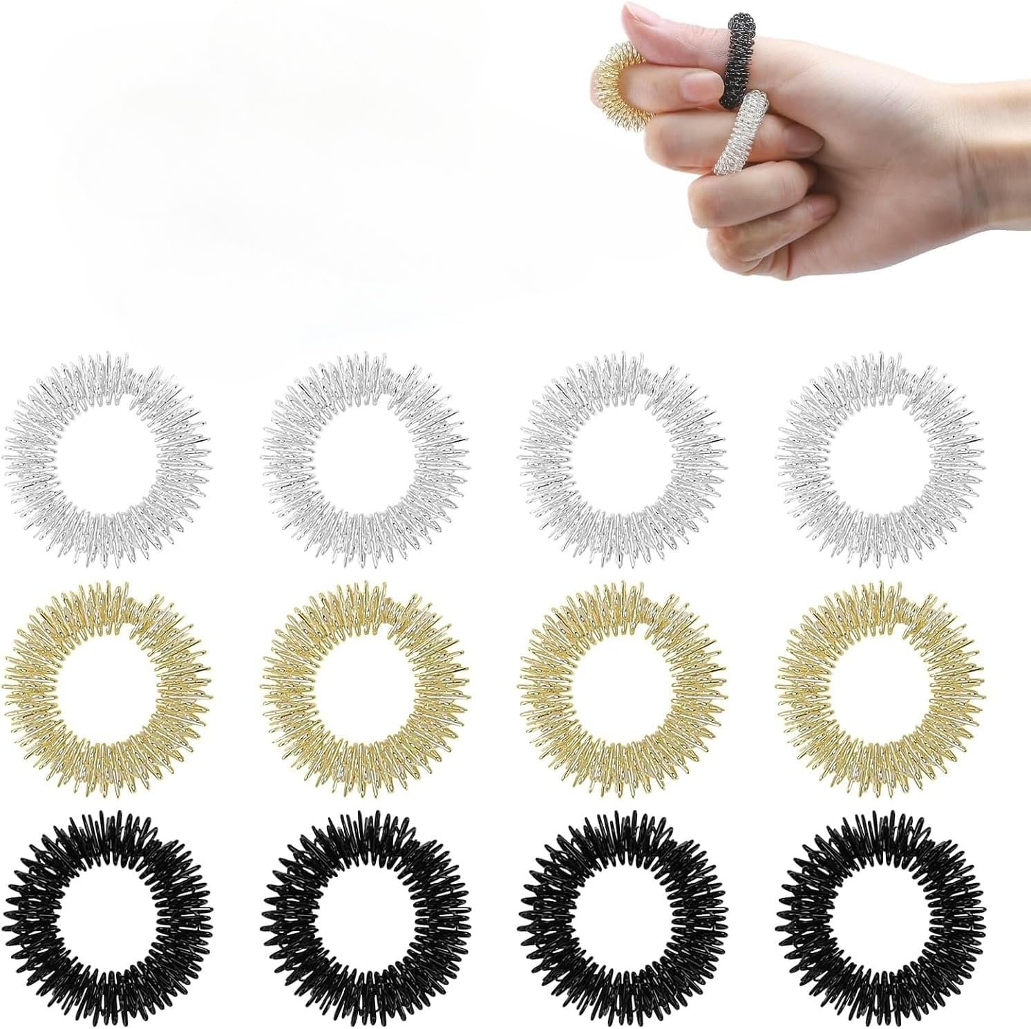 12-Piece Acupressure Ring, Finger Massage Ring Set for Stress Relief, Relaxation and Promote Blood Circulation, 30 mm, Fidget Ring (Gold/Silver/Black)