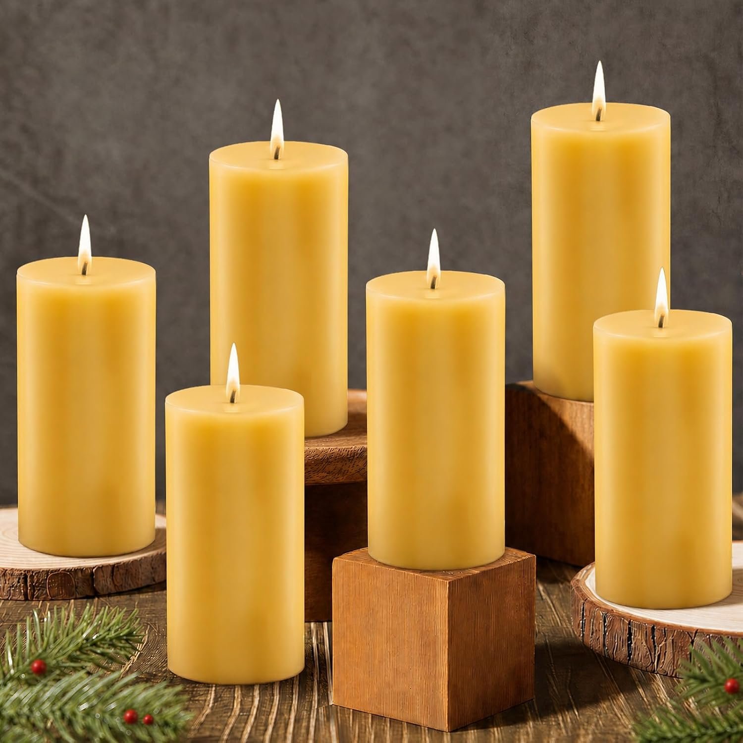 Natural Beeswax Pillar Candles, Non Toxic, 240H Long Burning, 2″x4″, 6Pack