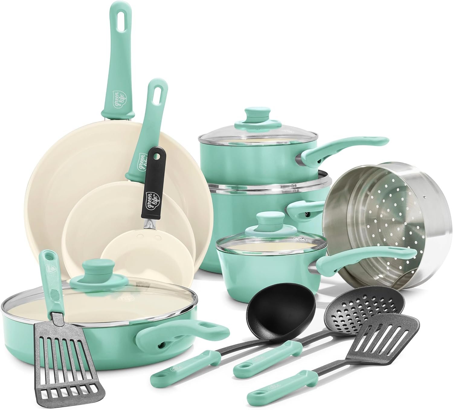 GreenLife 16 Piece Ceramic Nonstick Pots & Pans Cookware Set, Turquoise