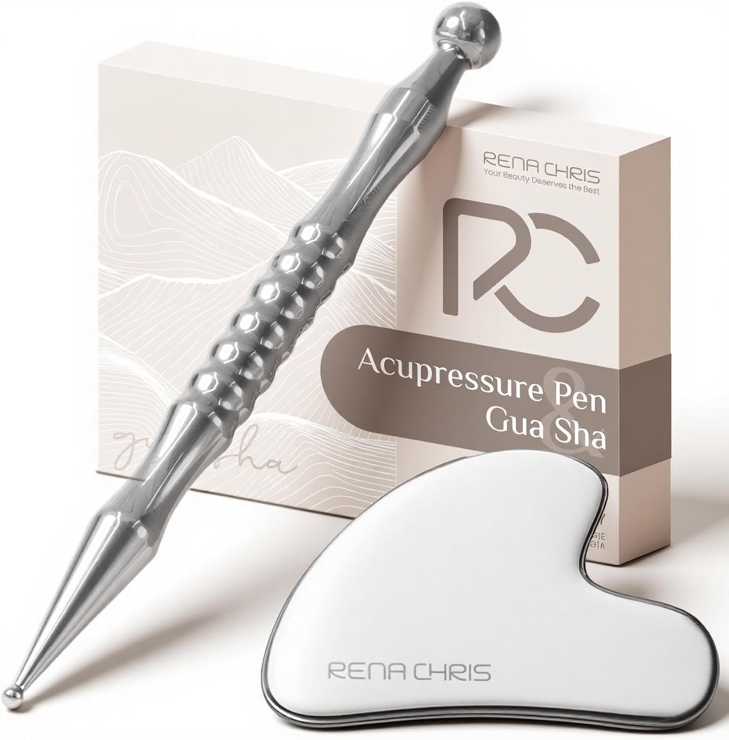 Rena Chris Acupuncture Pen and Gua Sha, Manual Reflexology Tools for Muscle Tension and Pain Relief, Acupressure Pen and Stainless Steel Gua Sha Set with Reflexology Chart, Easy to Use