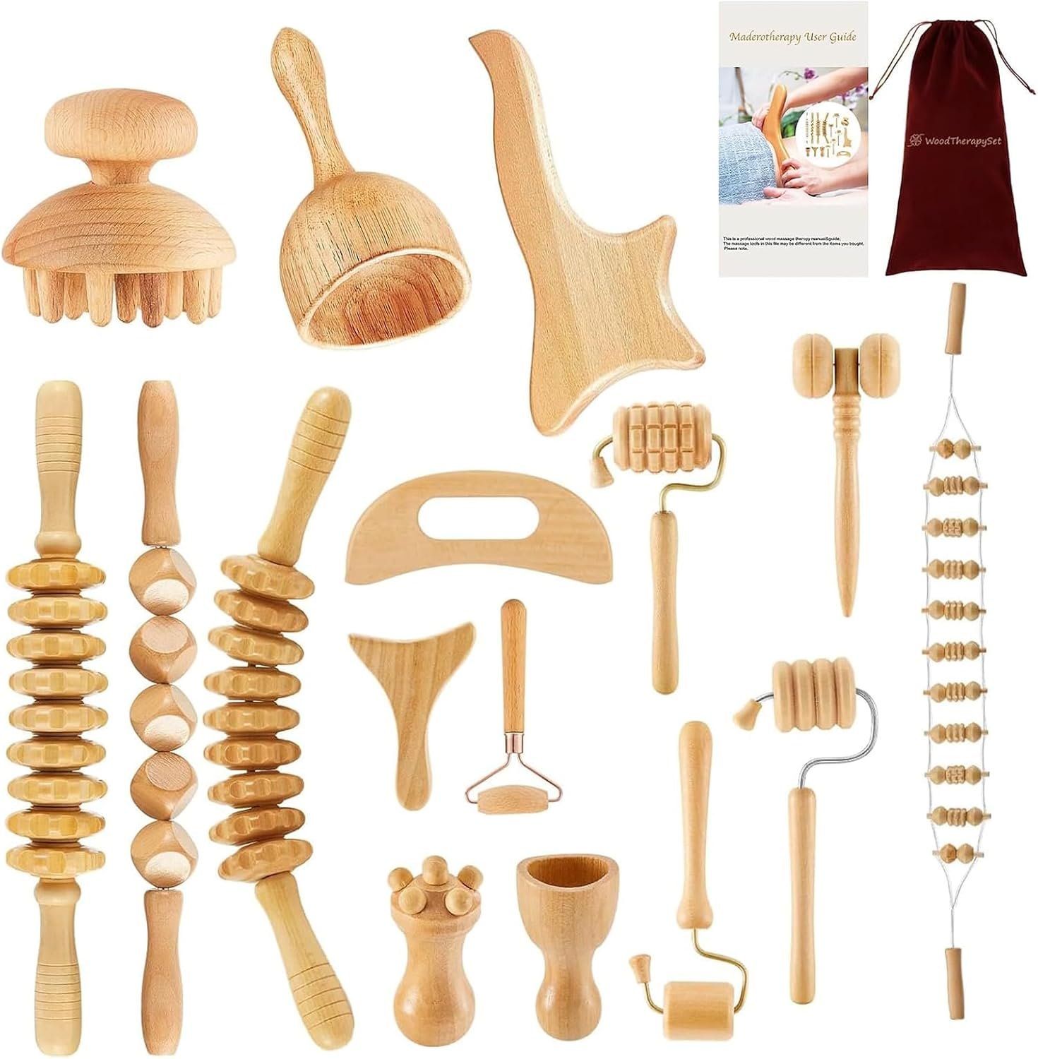 16Pcs Wood Therapy Massage Tools Set, Maderoterapia Massage Kit with Wooden Gua Sha Tools, Body Sculpting & Lymphatic Drainage Massager, Muscle Relaxation Roller for Face, Back, Legs & Full Body