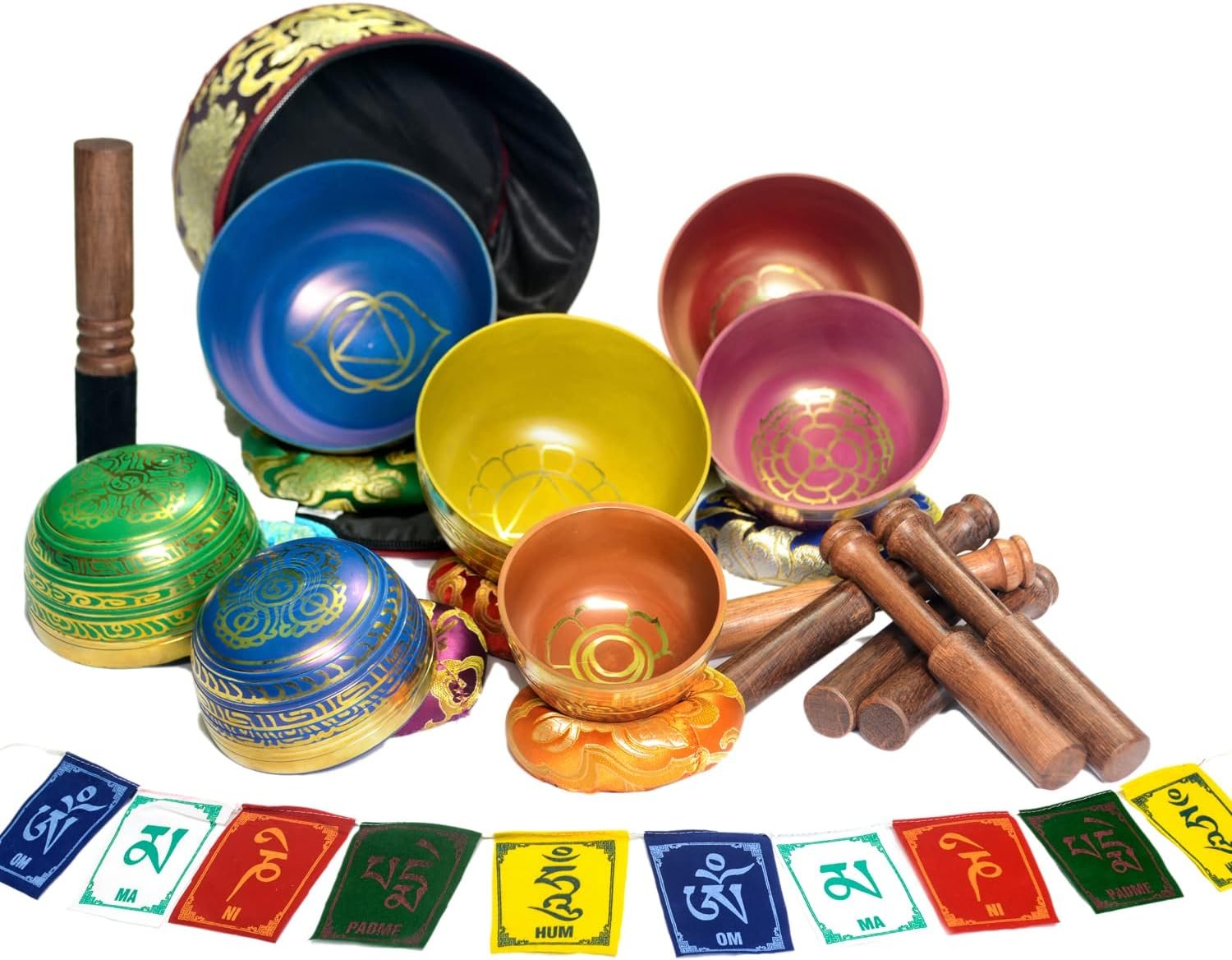 Tibetan Singing Bowl Set Of 7, Authentic 7 Metals, 7 Chakra Colors Mantra Chant Decorated Himalayan Singing Bowl For Chakra Healing, Meditation, Deep Relaxation, Stress Relief, Handmade In Nepal