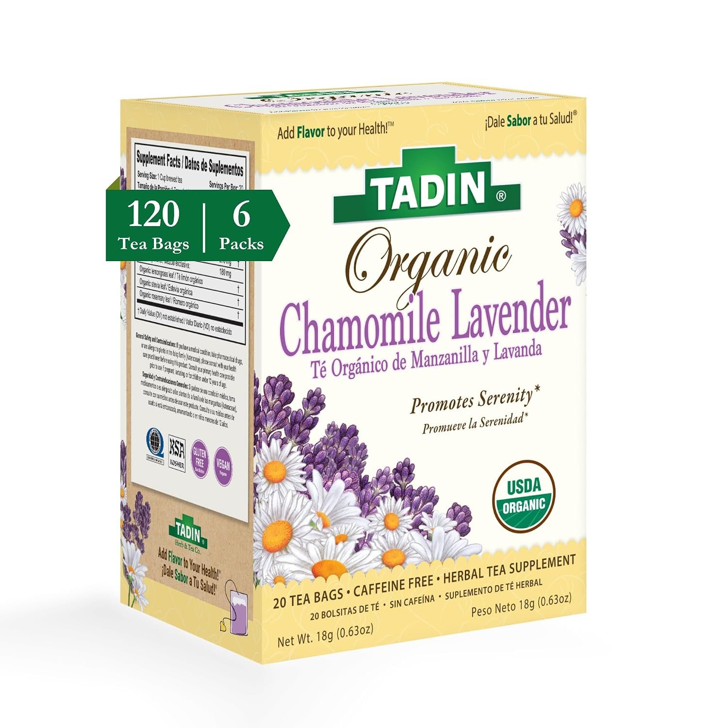 Tadin Organic Chamomile Lavender Tea, Caffeine Free Herbal Tea to Promote Serenity, 20 Tea Bags Per Box, Pack of 6