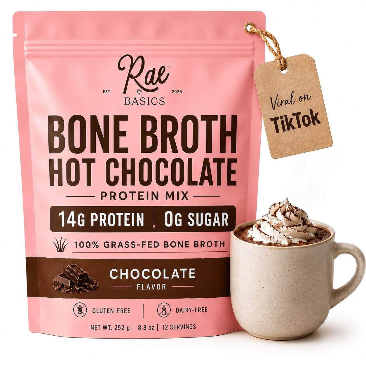 Bone Broth Hot Chocolate Protein Powder Starter, 14g Grass-Fed Protein, 10g+ Collagen, Dairy Free, Gluten Free, Organic, 0g Sugar, Chocolate, 12 Servings