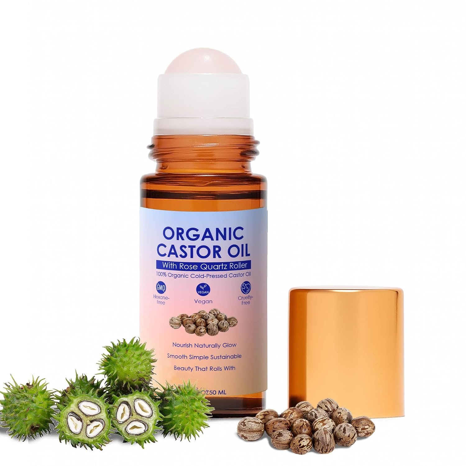 Castor Oil Organic Cold Pressed, Castor Oil Rose Quartz Roller Ball, 100% Pure Cold-Pressed & Unrefined – Rose Quartz Castor Oil Roller for Hair Growth, Eyelashes, Eyebrows & Skin (1)