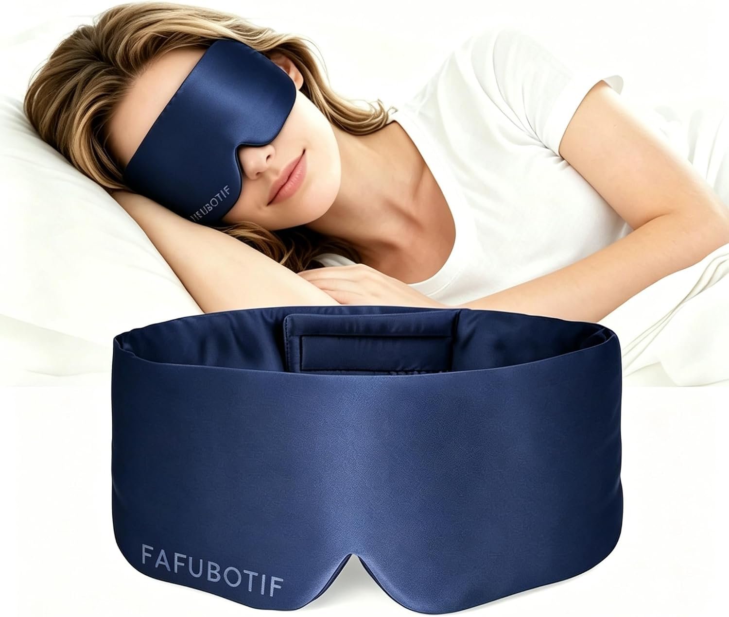 FAFUBOTIF100% Eye mask Silk, Large Adjustable Sleeping Eye mask, Comfortable, Pressure-Free and Breathable Sleeping Masks for Women Men – DarkBlue