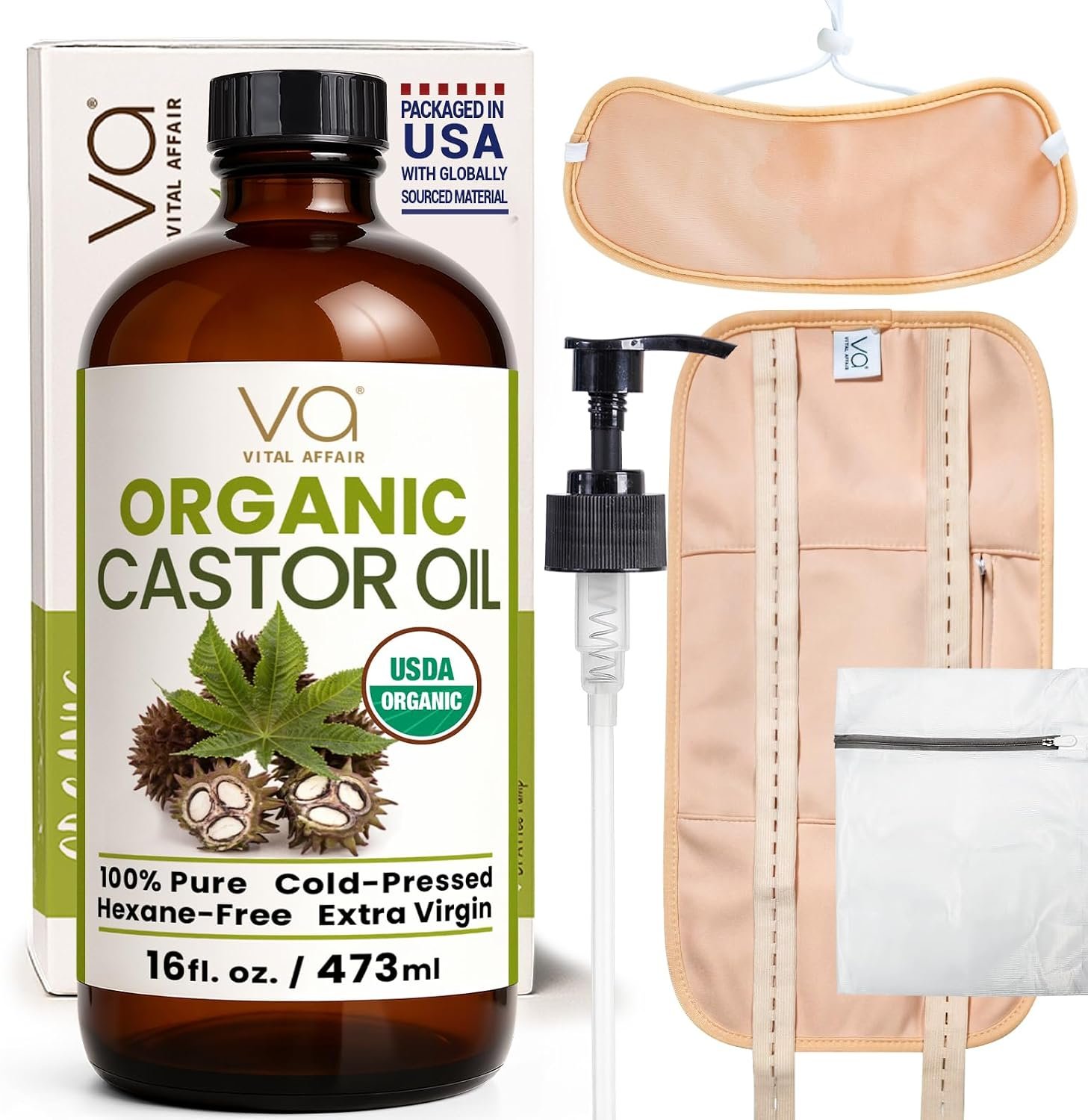 Castor Oil Pack Wrap Kit 16oz Glass Bottle with Organic Castor Oil