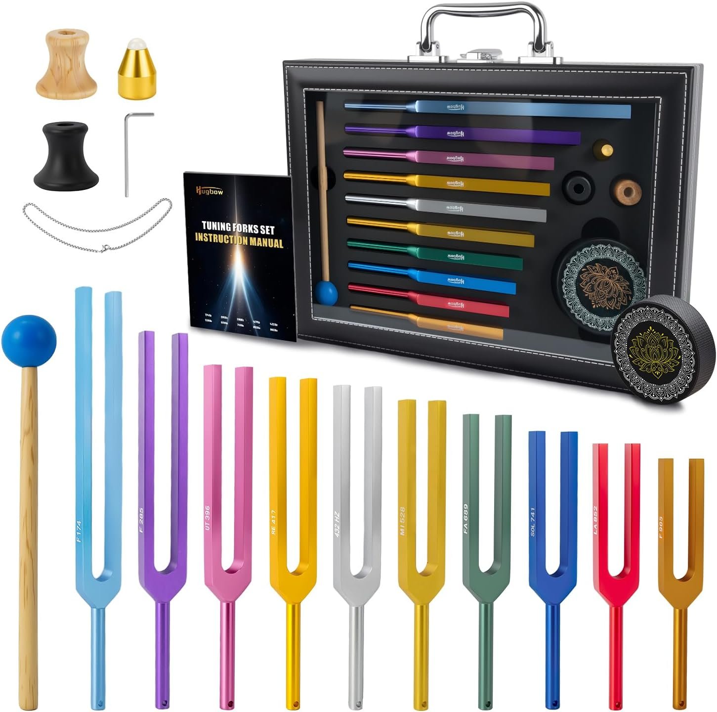 10 PCS Unweighted Tuning Fork for Healing Set, Multi-Color Chakra Tuning Forks, Lead-Free Aluminum Alloy Solfeggio Tuning Forks with Activator & feet (174-963Hz), Sound Healing