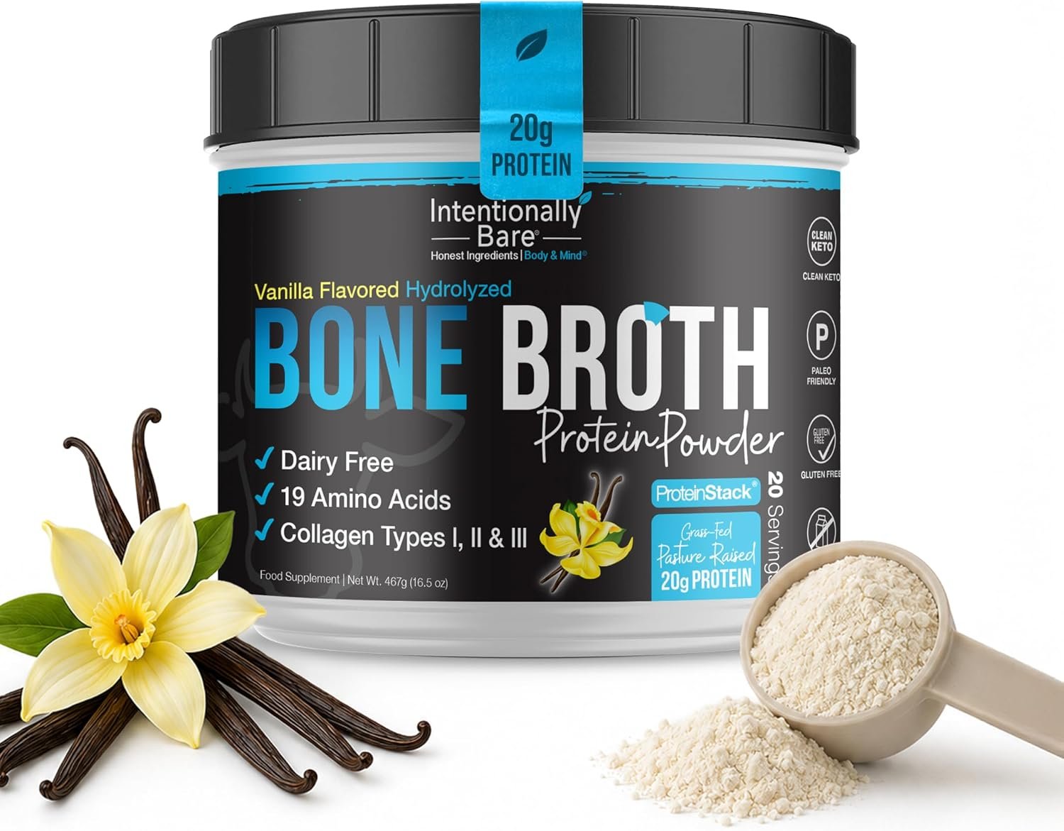 Intentionally Bare Bone Broth Protein Powder – Vanilla – Grass-fed 16.5oz