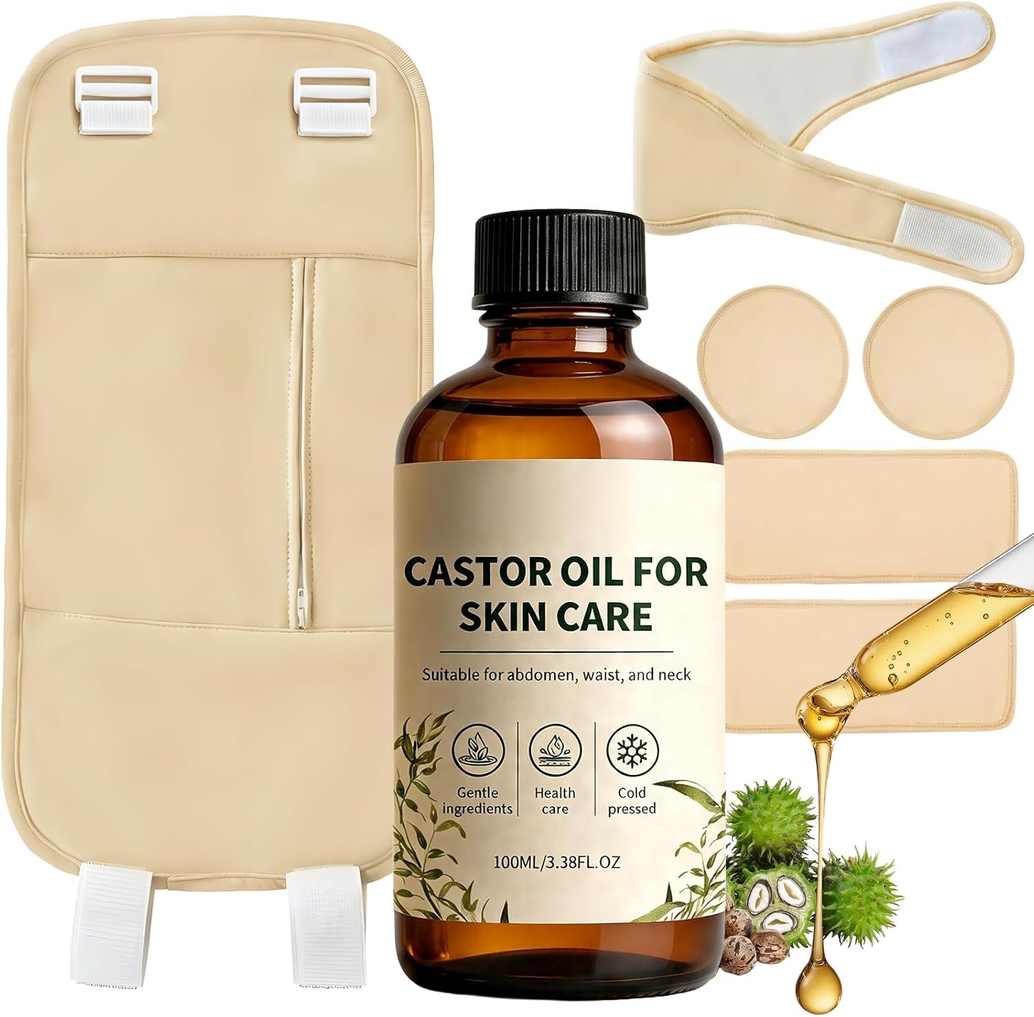 Castor Oil Pack Kit with Organic Castor Oil and Reusable Cotton Wrap