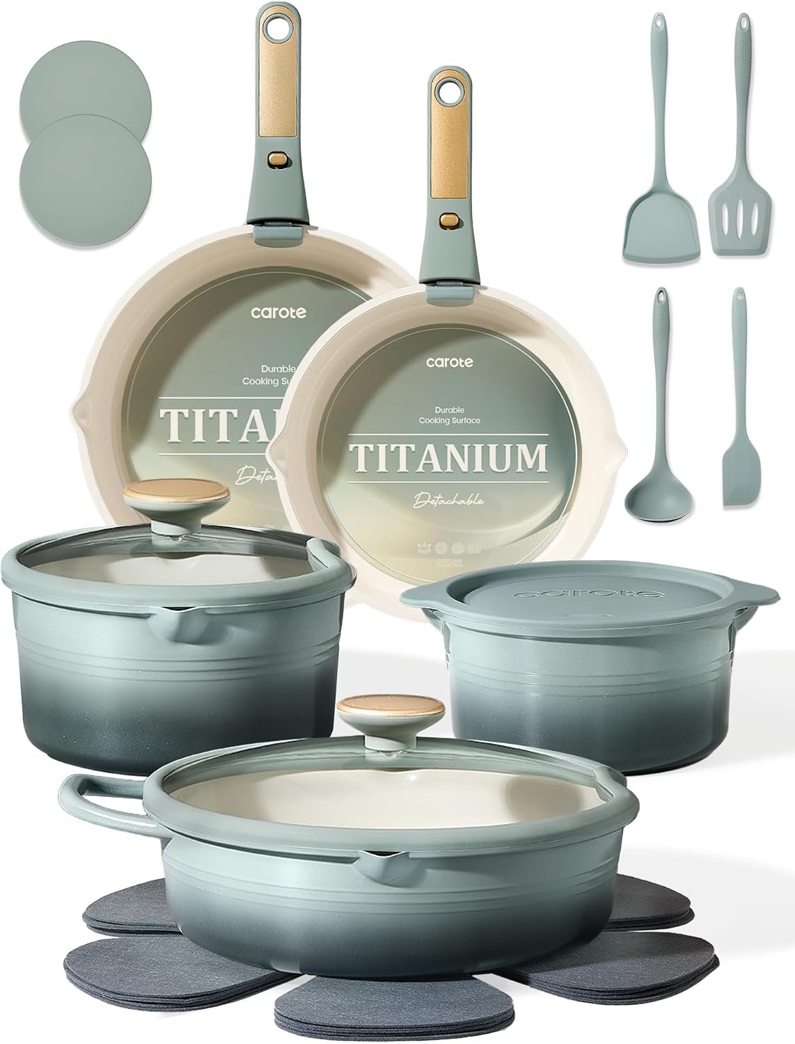 CAROTE 20pcs Titanium Cookware Set, Pots and Pans Set Detachable Handle