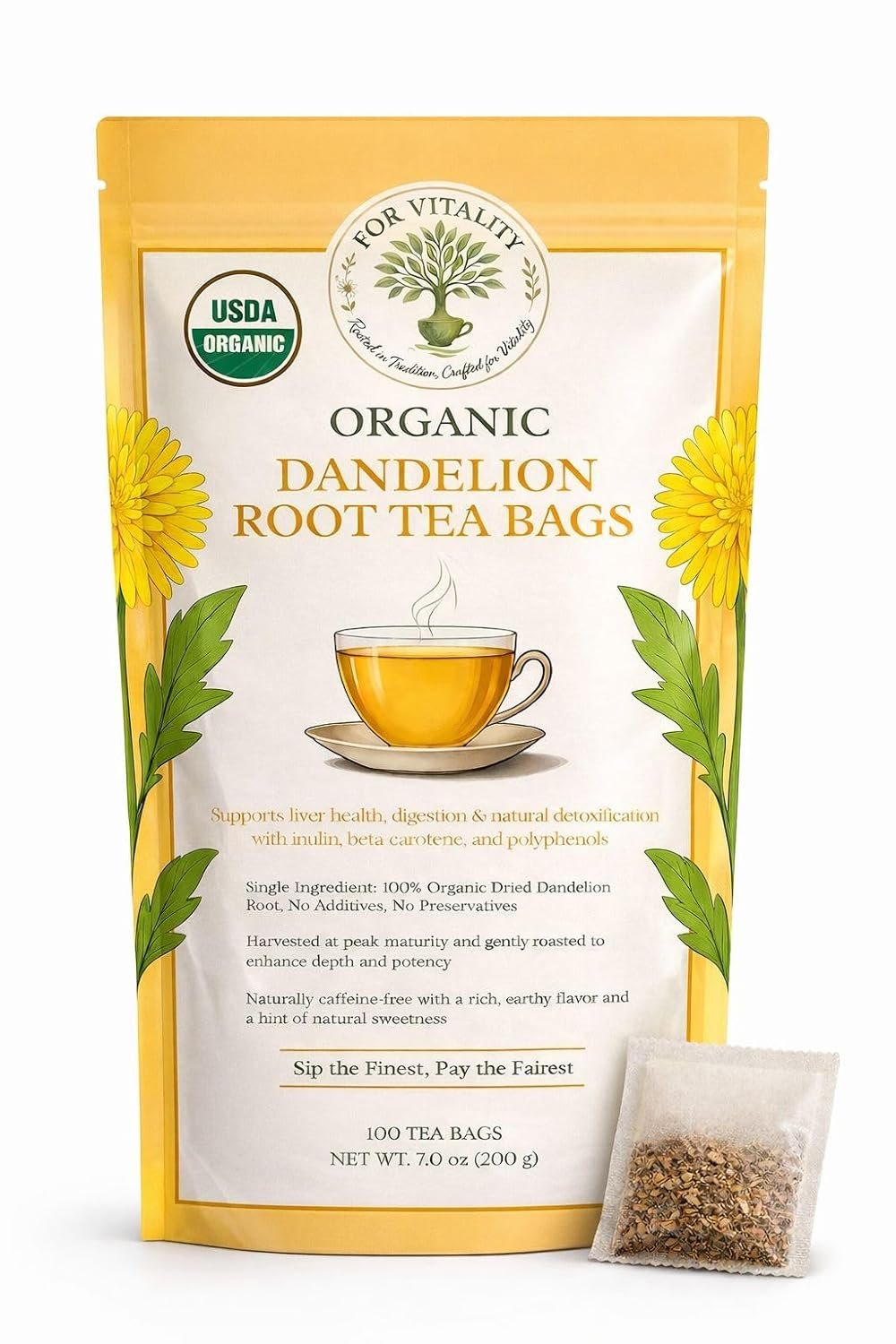 Organic Dandelion Root Tea (100 tea bags | 7 oz | 200g)