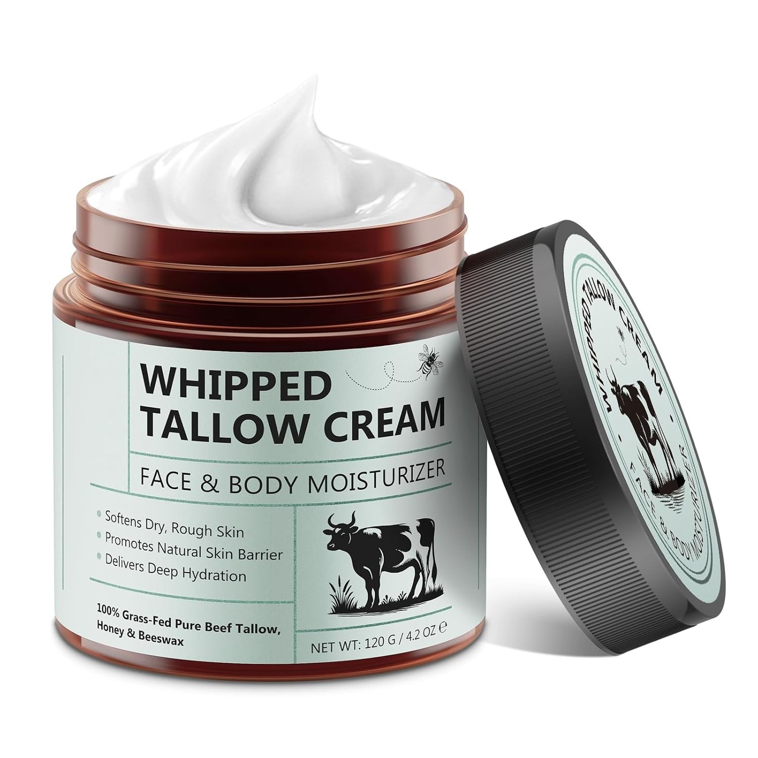 Whipped Beef Tallow for Skin – 100% Grass Fed Pure Beef Tallow with Honey, Natural Moisturizing Cream for Face and Body, Deep Hydration Softens Dry Skin, Nourishing Tallow Cream 4.2 Oz