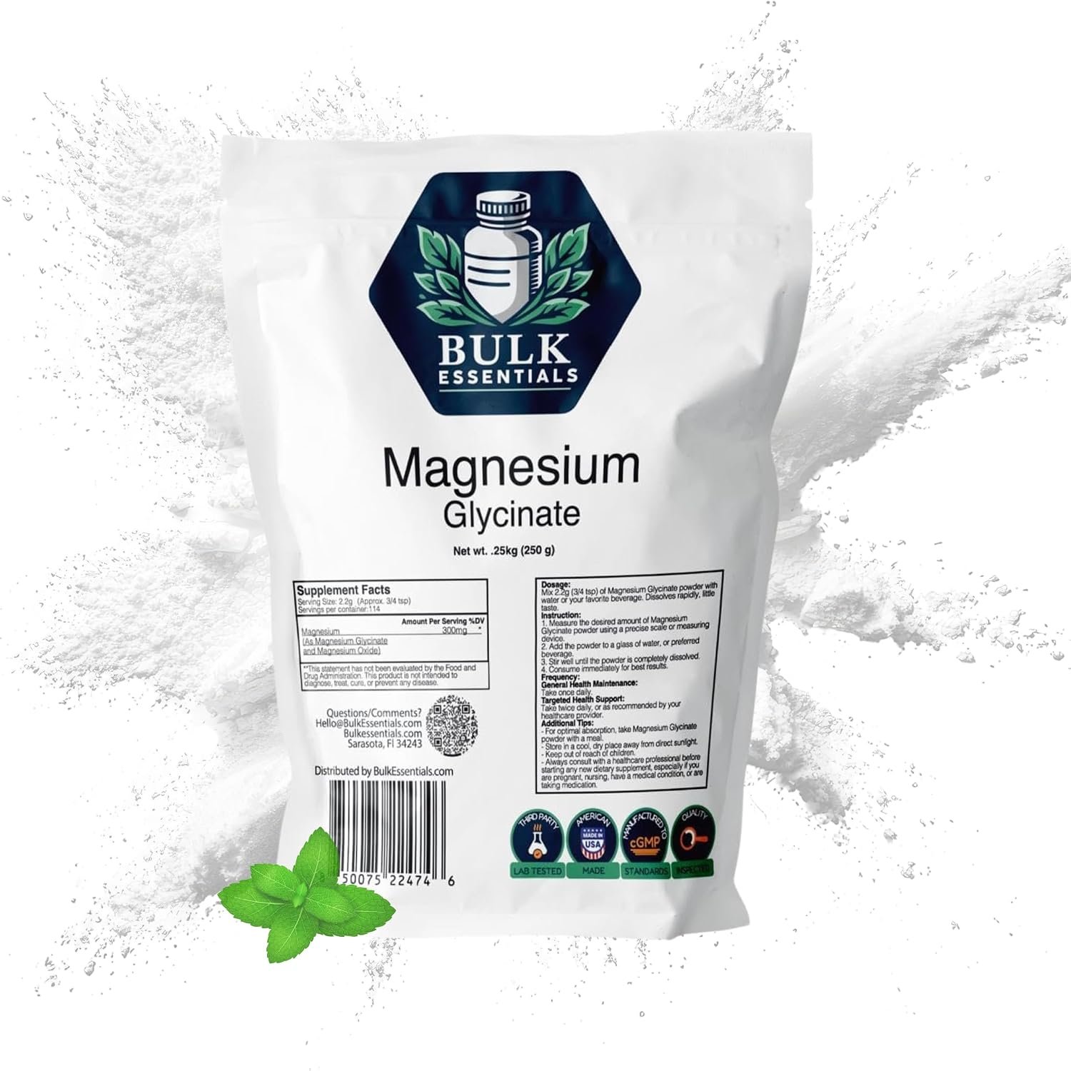 Magnesium Glycinate Powder Supplement, Unflavored 250g, 2.2g Per Serving
