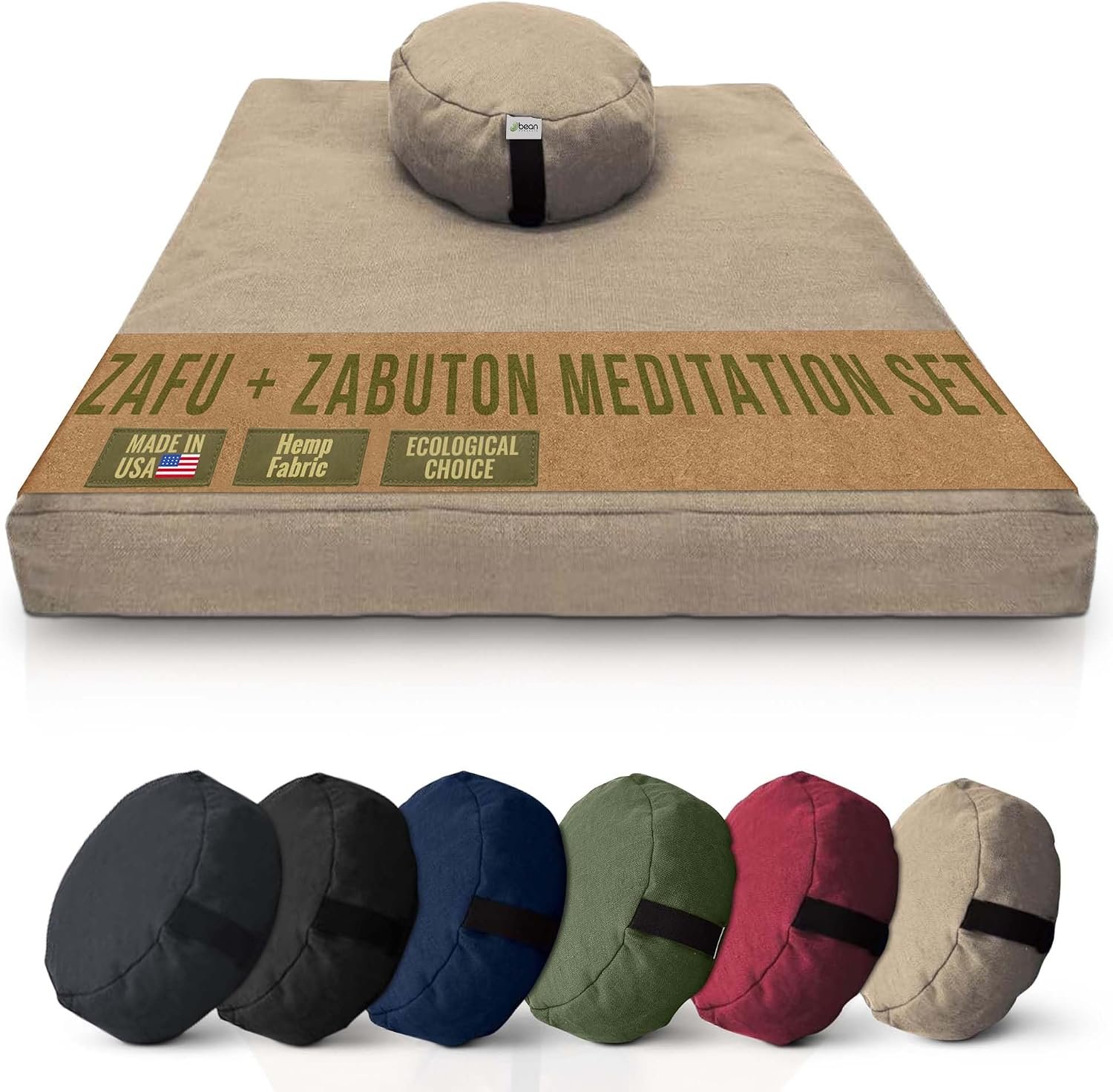 Bean Products Round Zafu & Zabuton Yoga Meditation Cushion Set-Hemp Natural