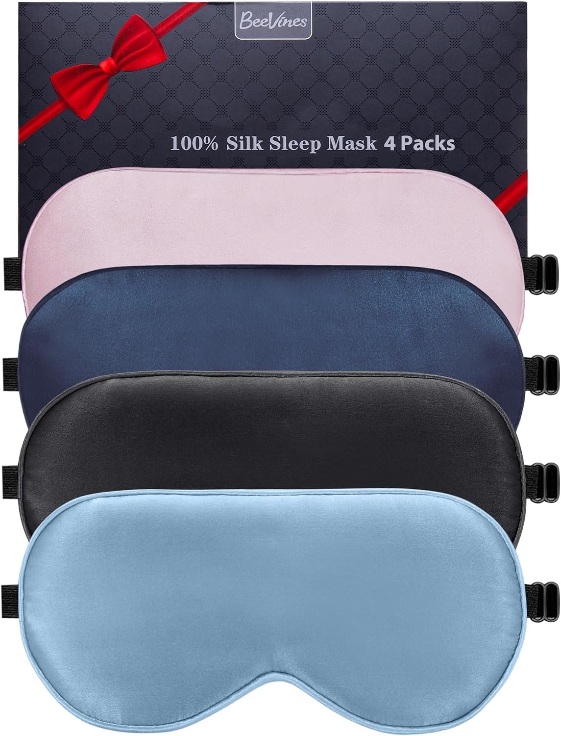 BeeVines 100% Mulberry Silk Sleep Mask, Blocks Light Eye Masks (4 Pack)