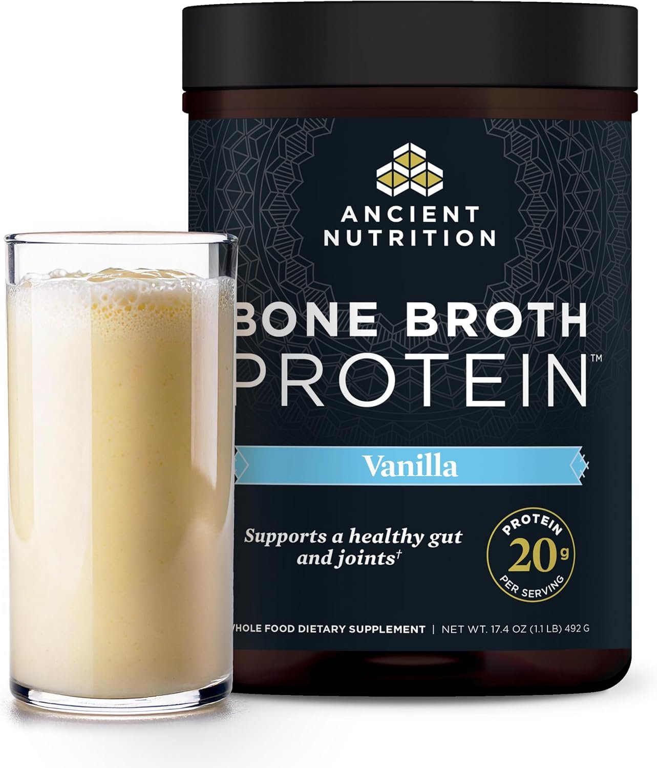 Ancient Nutrition Grass Fed Bone Broth Protein Powder, Vanilla