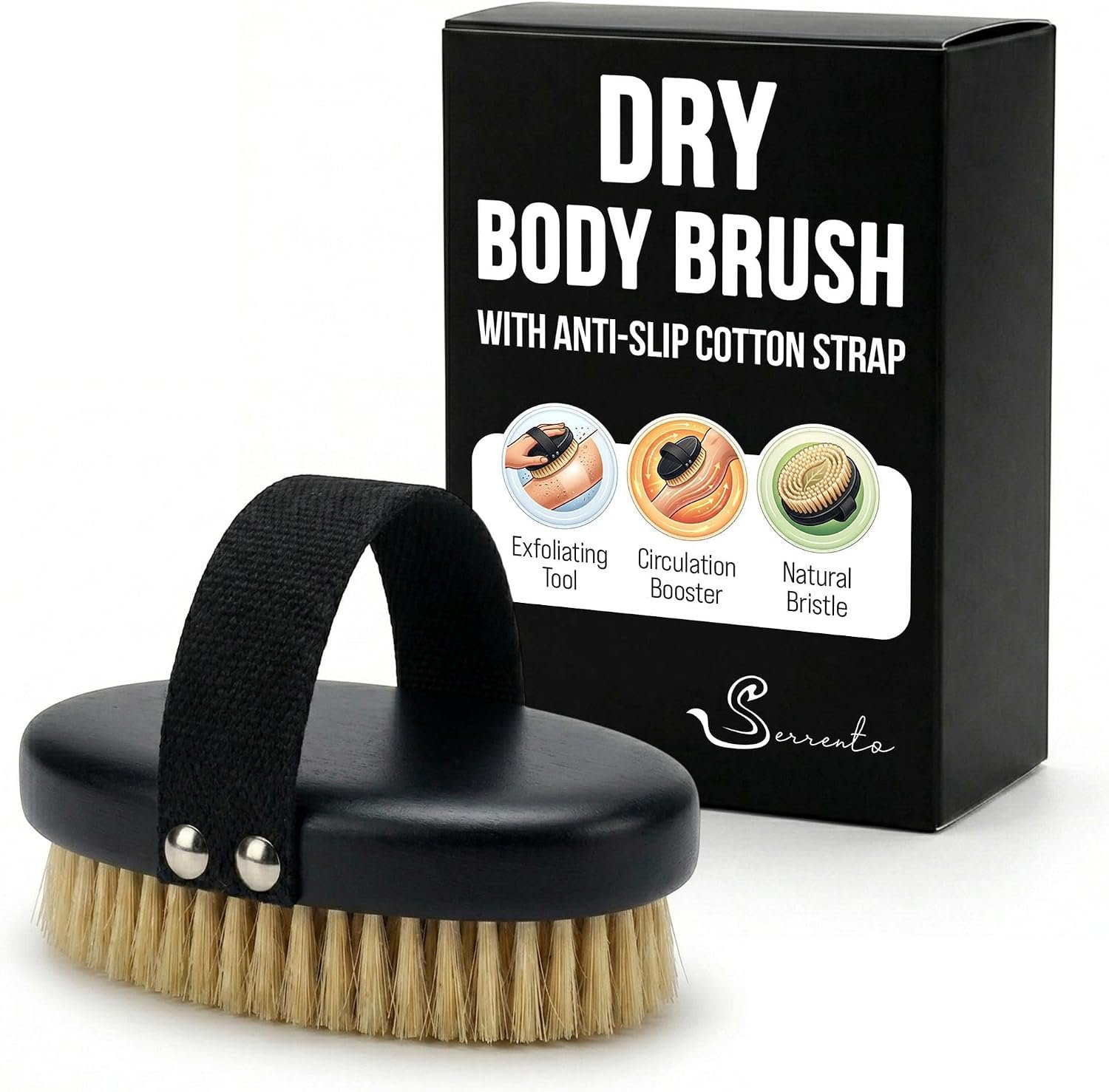 SERRENTO Dry Body Brush Handheld – Massage Tool Skin Brush Scrubber Black