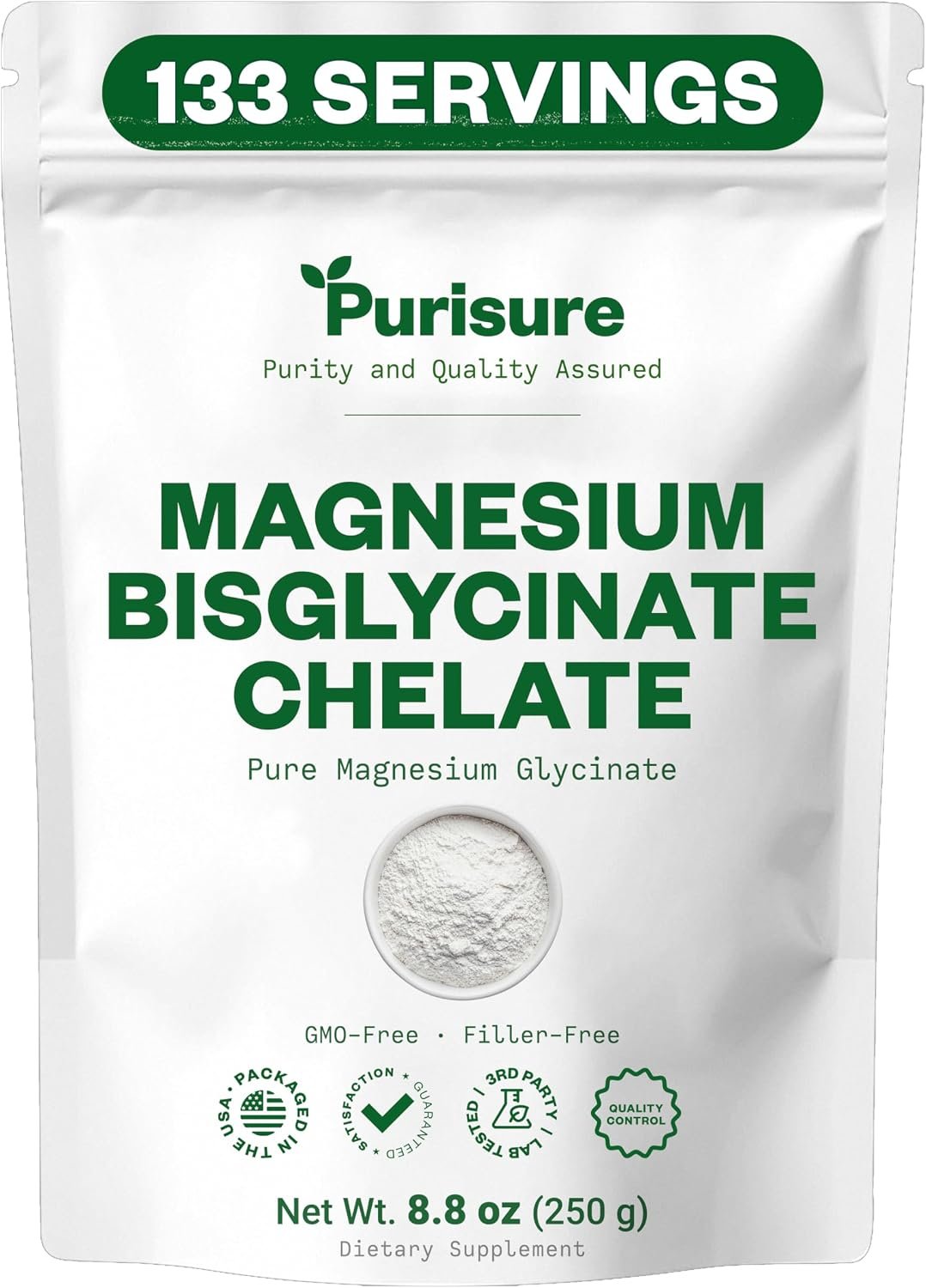 Purisure Magnesium Bisglycinate Chelate, 250g, Pure Magnesium Glycinate Powder for Bones, Magnesium Bisglycinate Chelate for Sleep and Muscle Flexibility, Gluten-Free, Non-GMO, 133 Servings