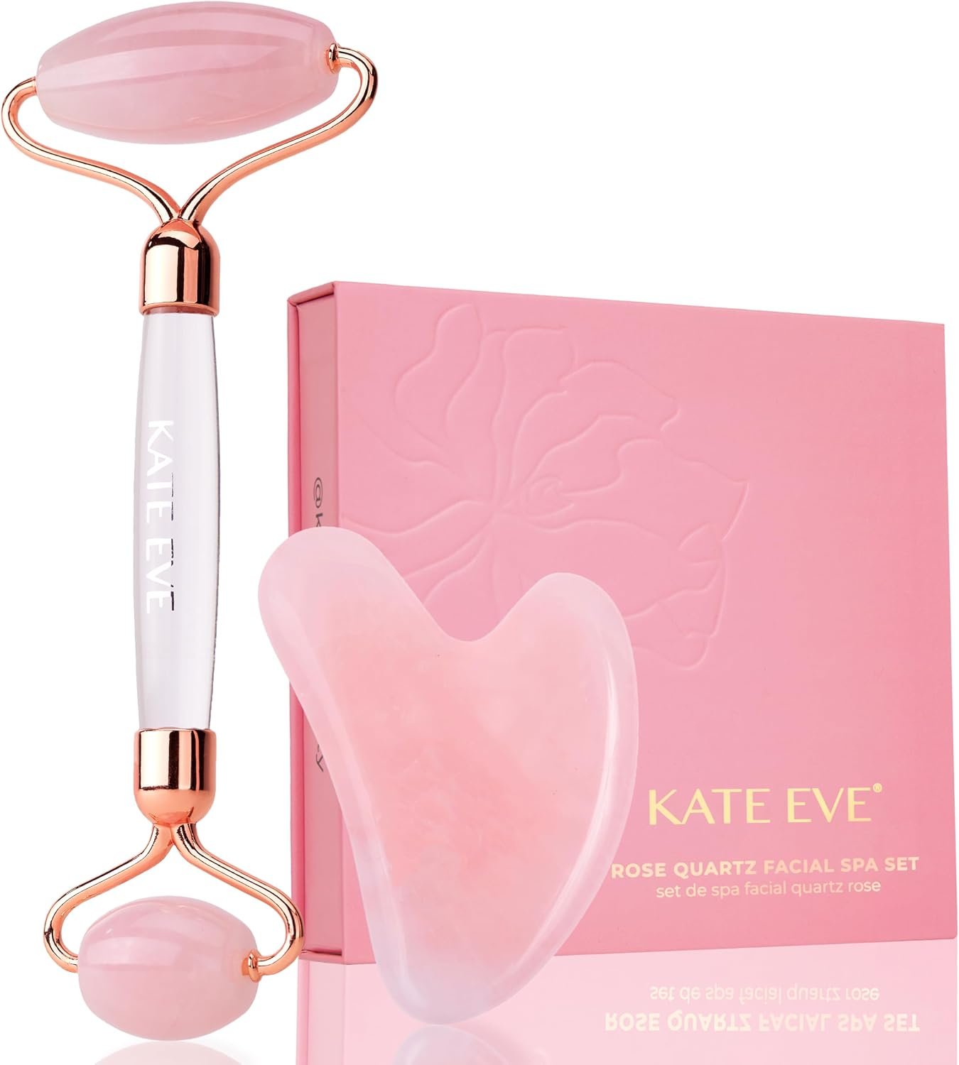 Kate Eve Rose Quartz Facial Roller and Gua Sha Set, Brazilian Quartz Face Massage Tools for Cooling Skincare, Puffiness Care and Gift-Ready Box