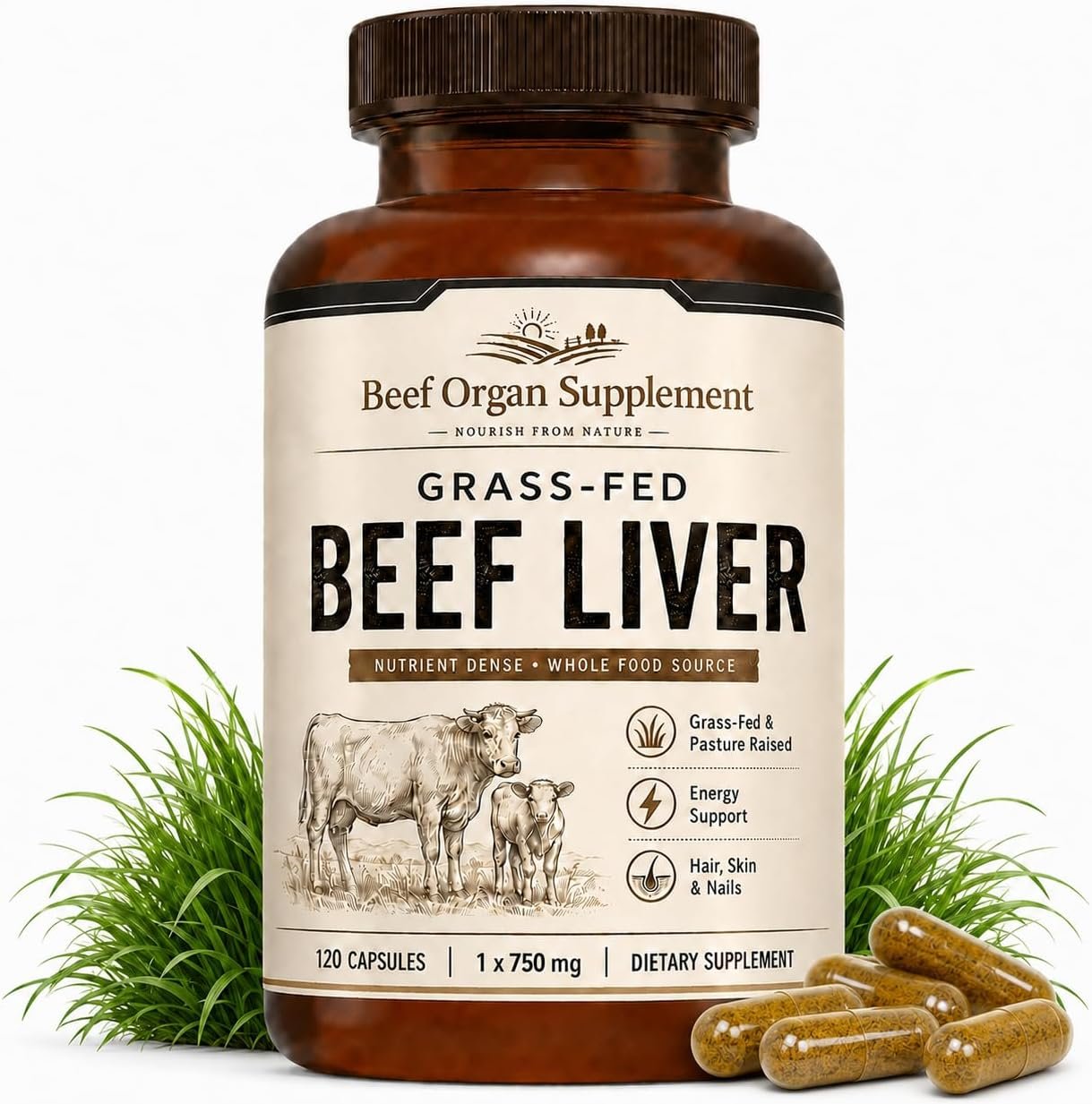 Grass Fed Beef Liver Capsules for Women & Men, 3000mg Freeze Dried, Nutrient Source for Joints, Bones, Skin, Nails & Daily Energy, 120 Count