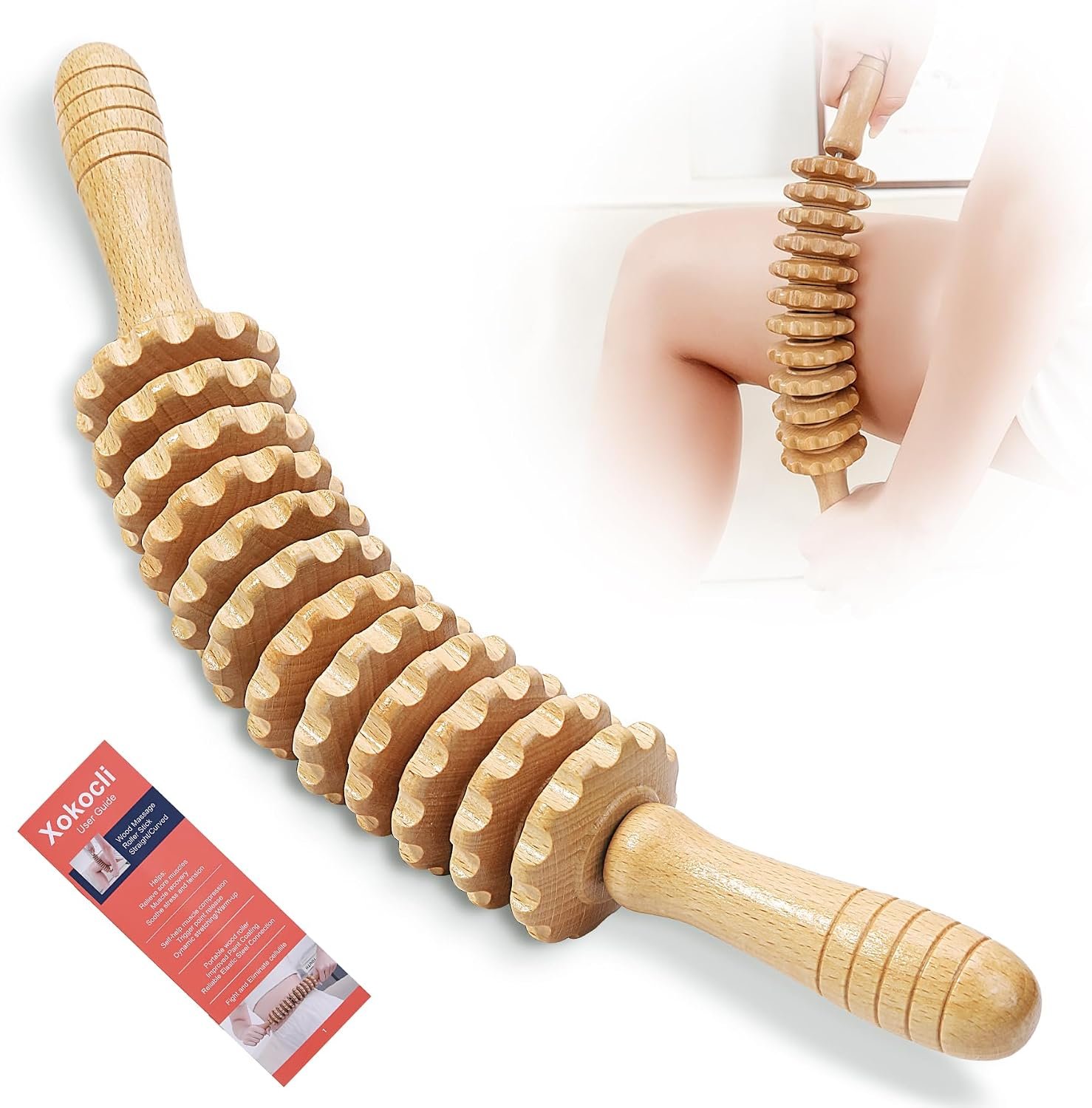 Cellulite Massage Tool Wood Therapy Massage Tools Fascia Blaster Mucle Roller Lymphatic Drainage Massager Deep Tissue Massage Stick for Legs Thighs Relief Recovery(White 12-Wheel)