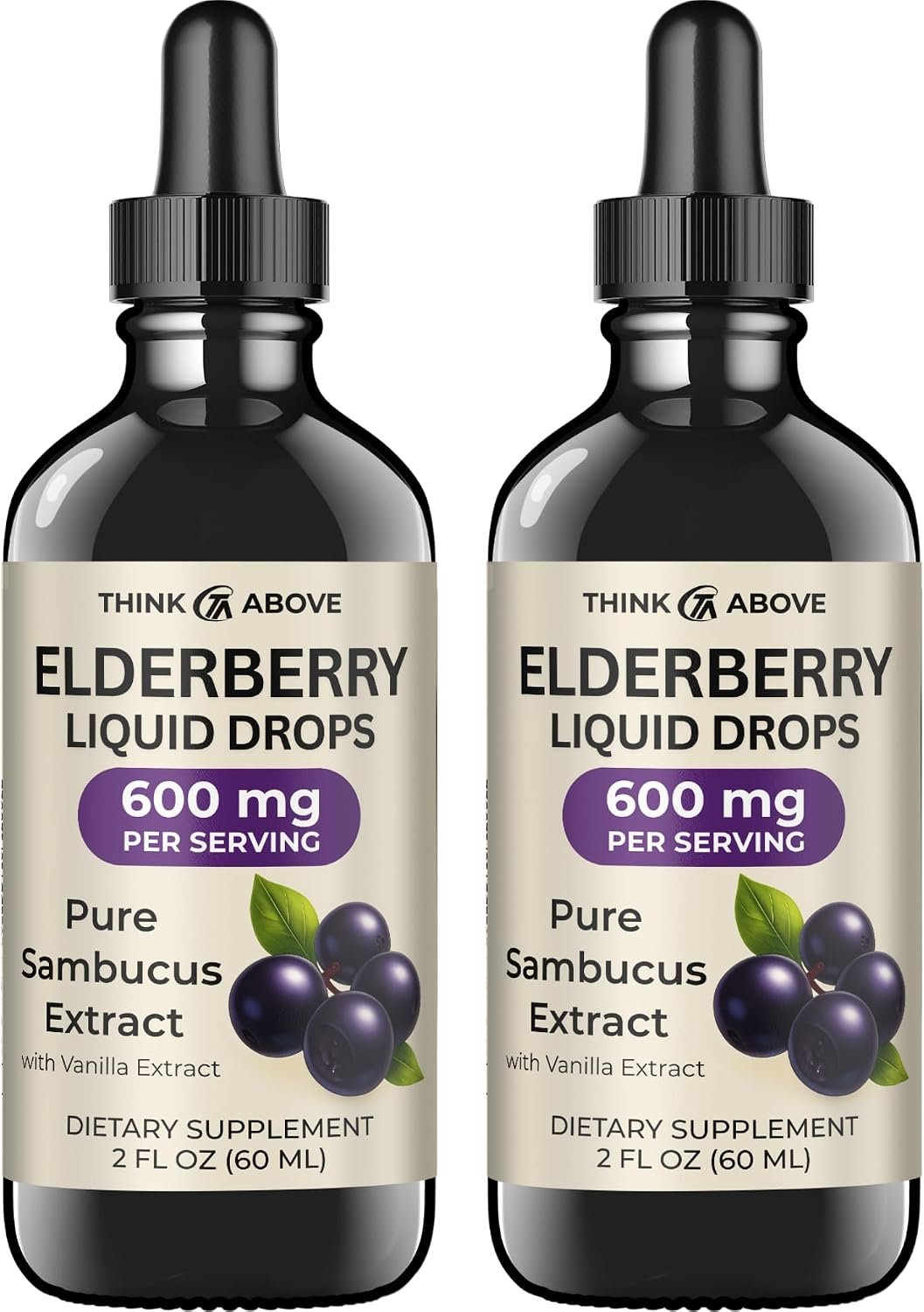 Think Above Elderberry Liquid Drops, 600mg, 2 Fl Oz, Pure Sambucus Extract with Vanilla, Vegan Immune Support Supplement, (Pack of 2)