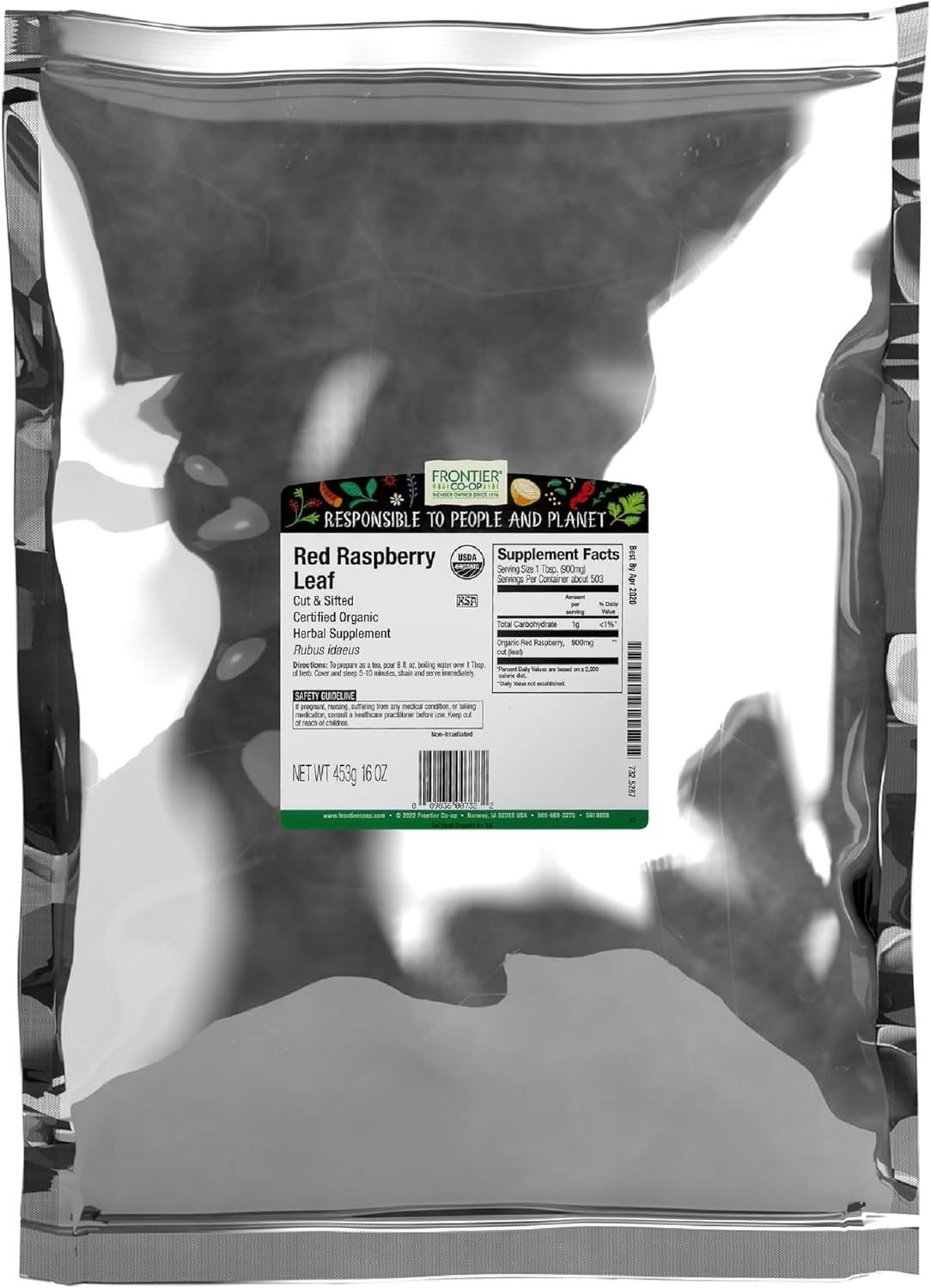 Frontier Co-op Organic Red Raspberry Leaf, 16 Oz, Bulk Bag – Caffeine-Free Loose Leaf Herb for Tea or DIY Body Care Products