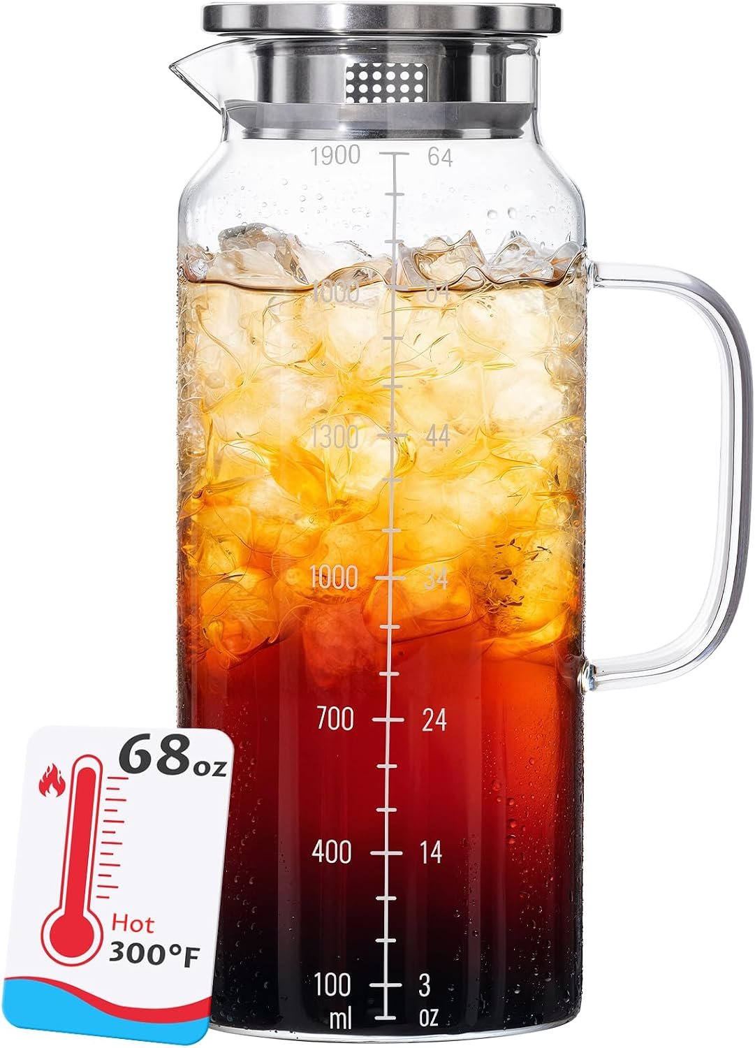 68oz Glass Pitcher with Lid, Borosilicate Carafe with Dual Filter Spout