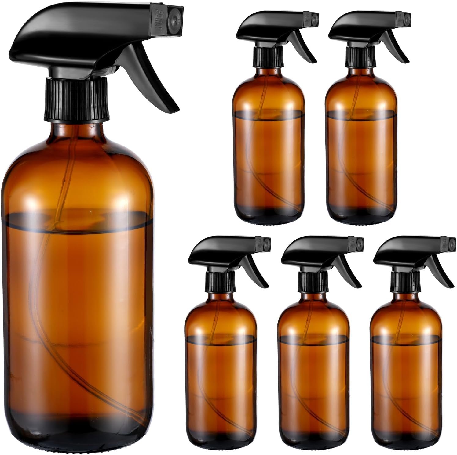 6 Pack Amber Glass Spray Bottles, Refillable 16 oz Empty Bottle with Durable Adjustable Nozzles for Cleaning Solution, Spray Bottles for Hair, Plants, Cleaner, Essential Oil