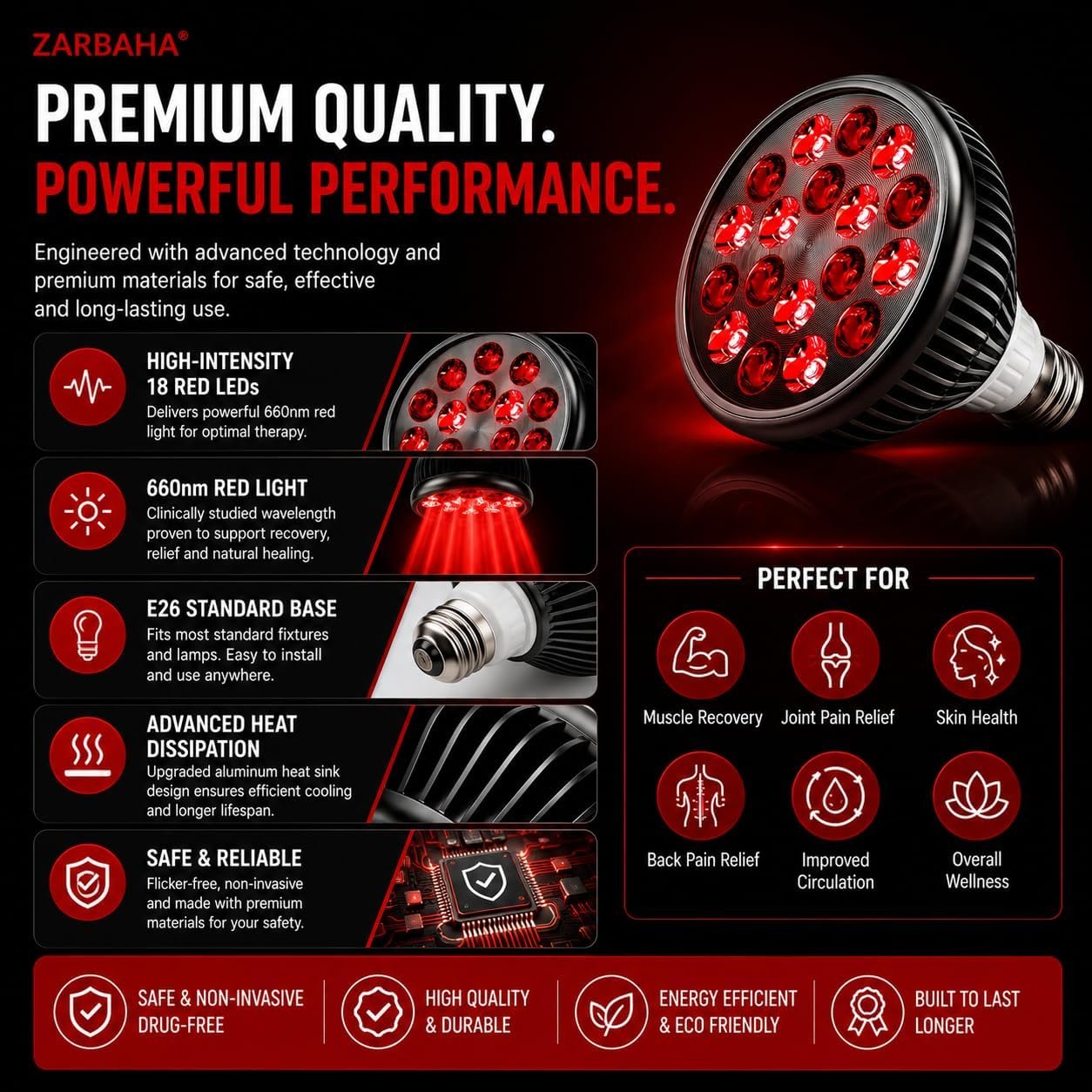 Red & Near Infrared Light Therapy Bulb – 18 LEDs with 660nm, 810nm, 850nm, 940nm Wavelengths – Wellness Light for Skin & Body – Aluminum Shell, E26 Socket.