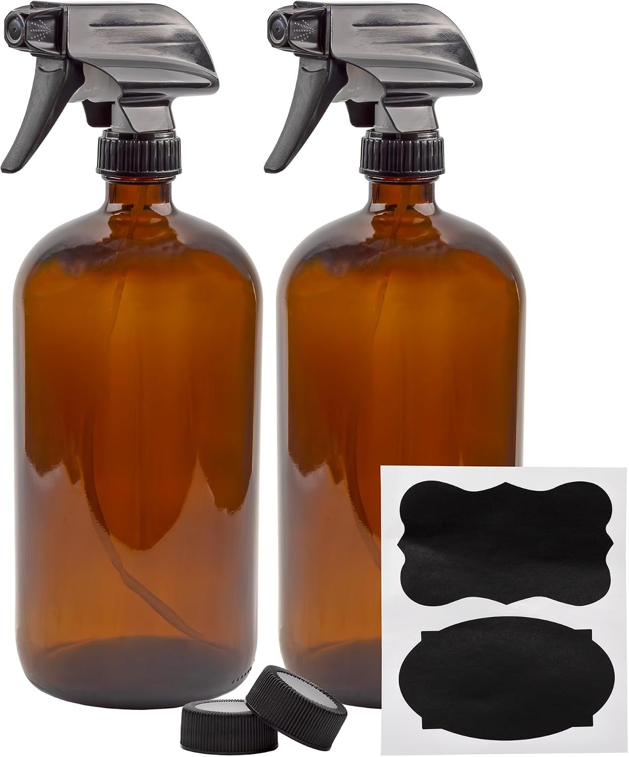 Cornucopia Brands 32oz Amber Glass Spray Bottles (Pack of 2) Brown Bottles w/ 3-Setting Trigger Sprayers; Includes Caps for Storage