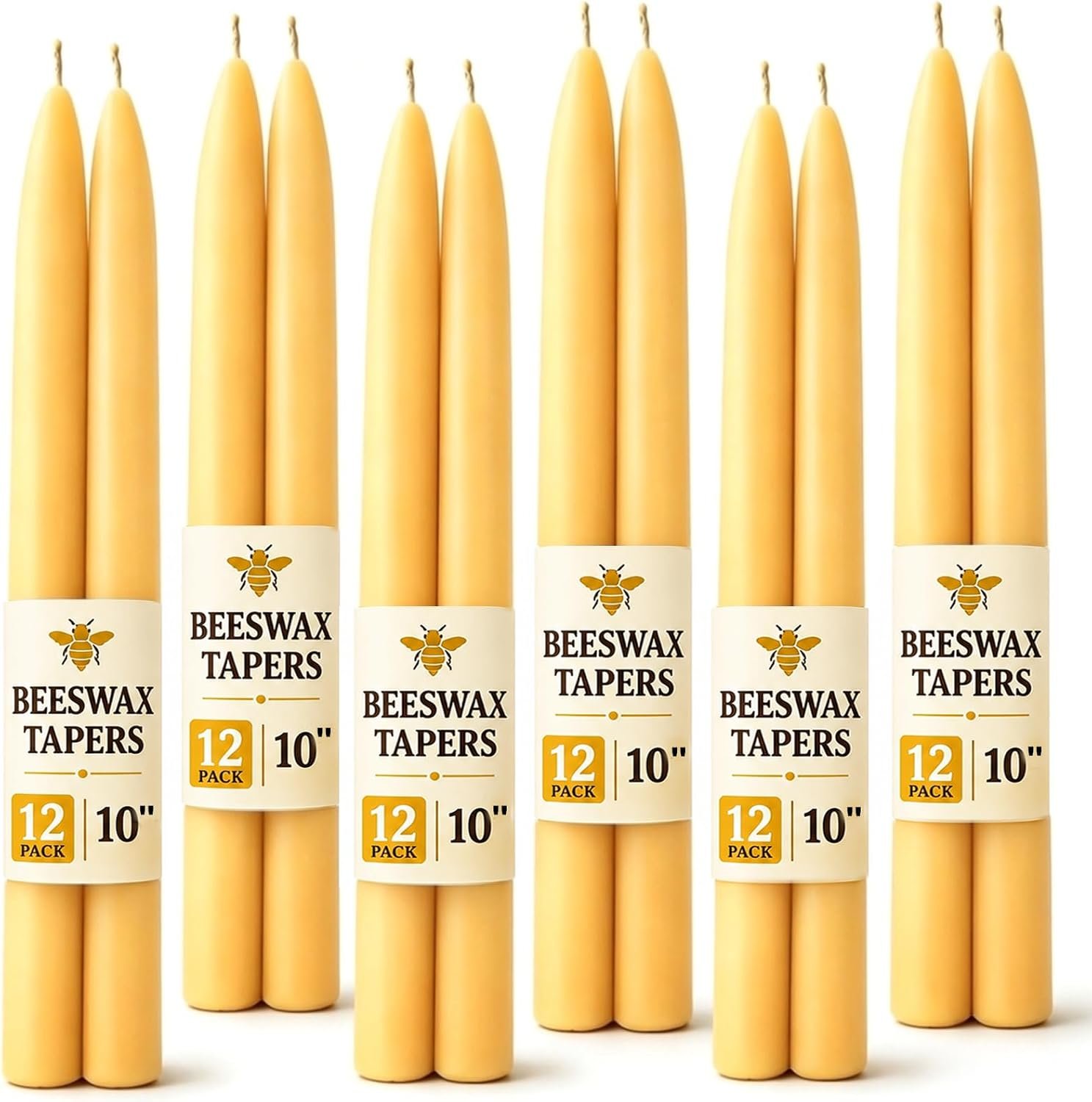 Beeswax Taper Candles, 12 Pack, 10 Inch, Unscented Yellow