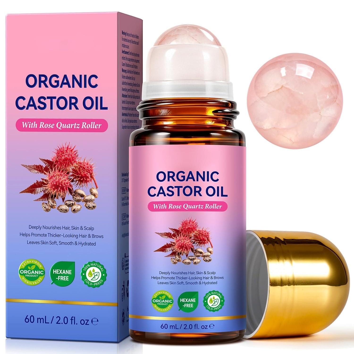 Organic Castor Oil Rose Quartz Roll Ball, 100% Pure Cold-Pressed -2 oz