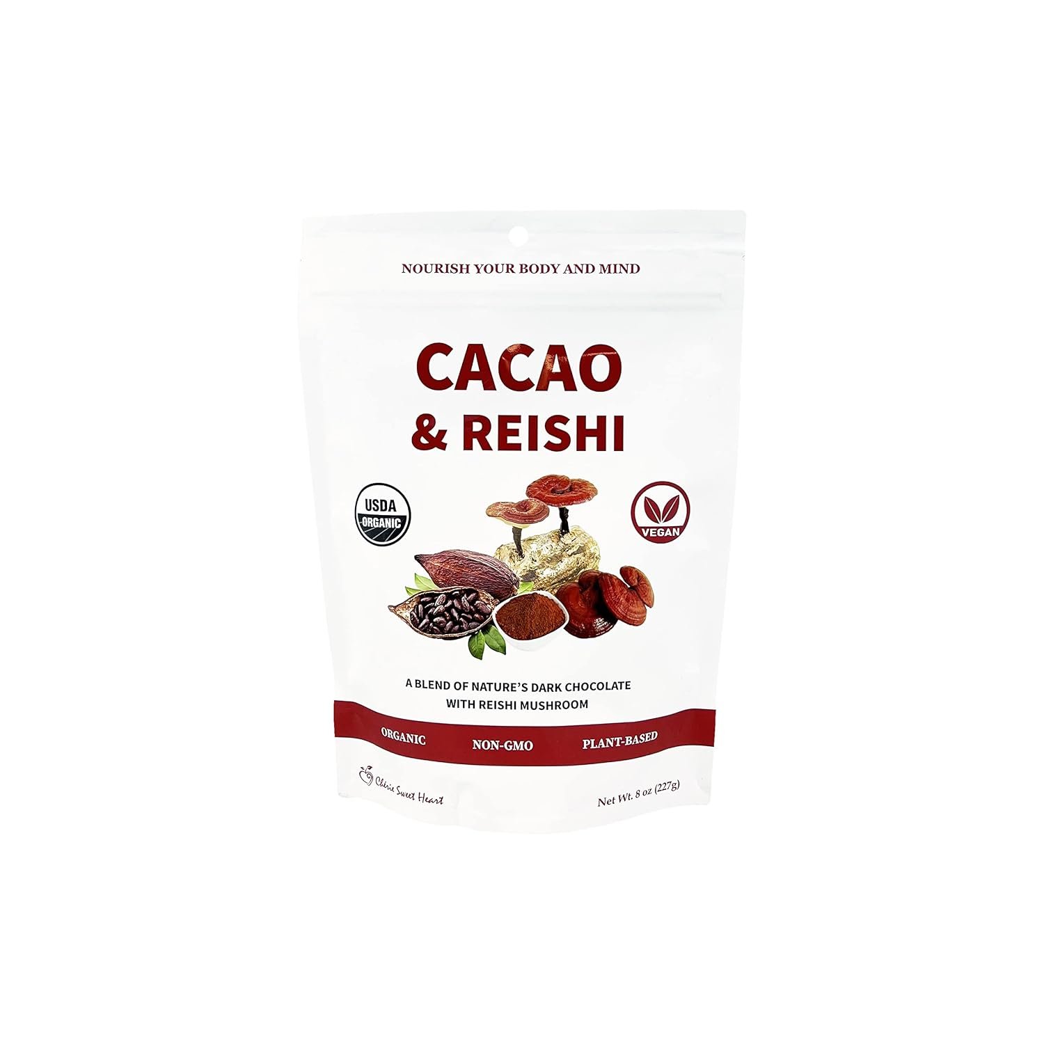 Cacao & Reishi Mushroom Blend Powder, 8oz – Organic, Non-GMO, Vegan, Gluten Free, Keto Bag – Antioxidant-Rich Raw Cacao with Adaptogens to Support Relaxation & Wellness