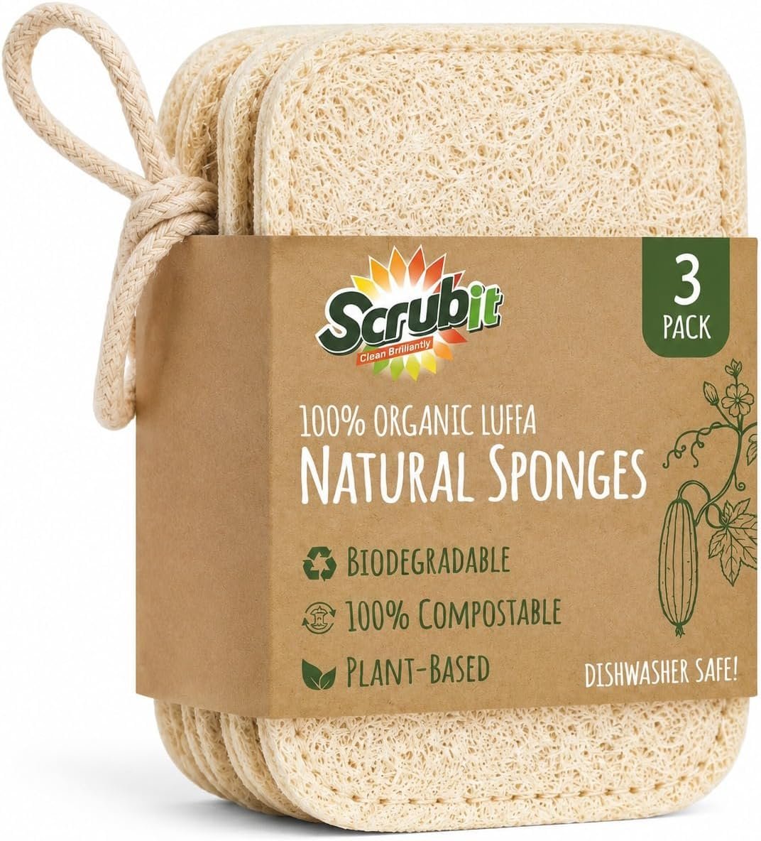 Natural Loofah Dish Sponge 3-Pack Natural Biodegradable Sponges for Kitchen