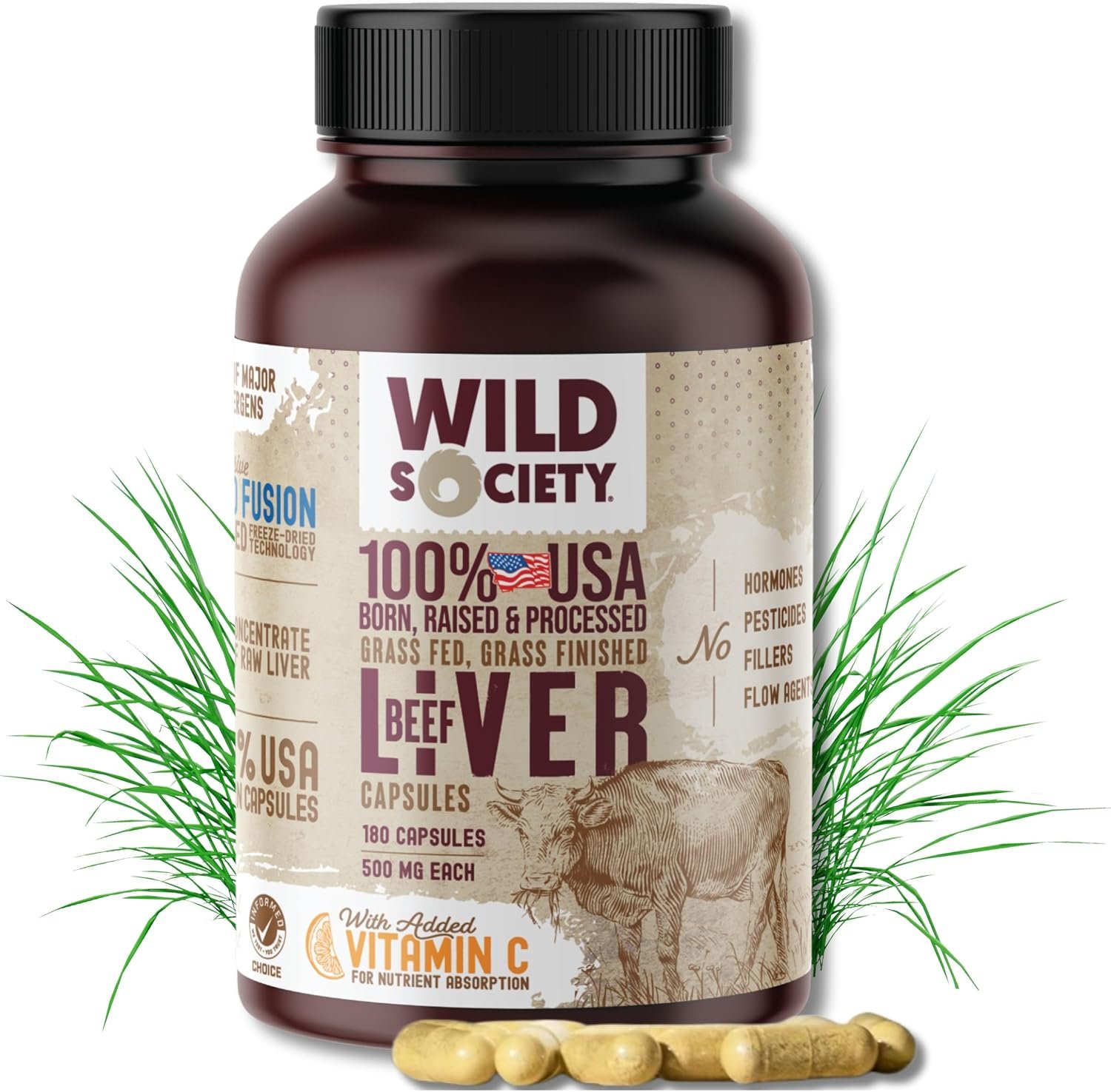 WILD SOCIETY Grass Fed Beef Liver Capsules 3000mg, Desiccated, 180 Count
