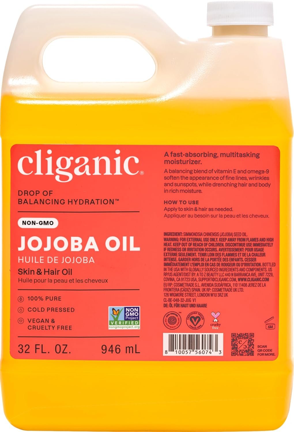 Cliganic Non-GMO Jojoba Oil Bulk 32oz, 100% Pure – Natural Cold Pressed Unrefined Hexane Free Oil for Hair & Face