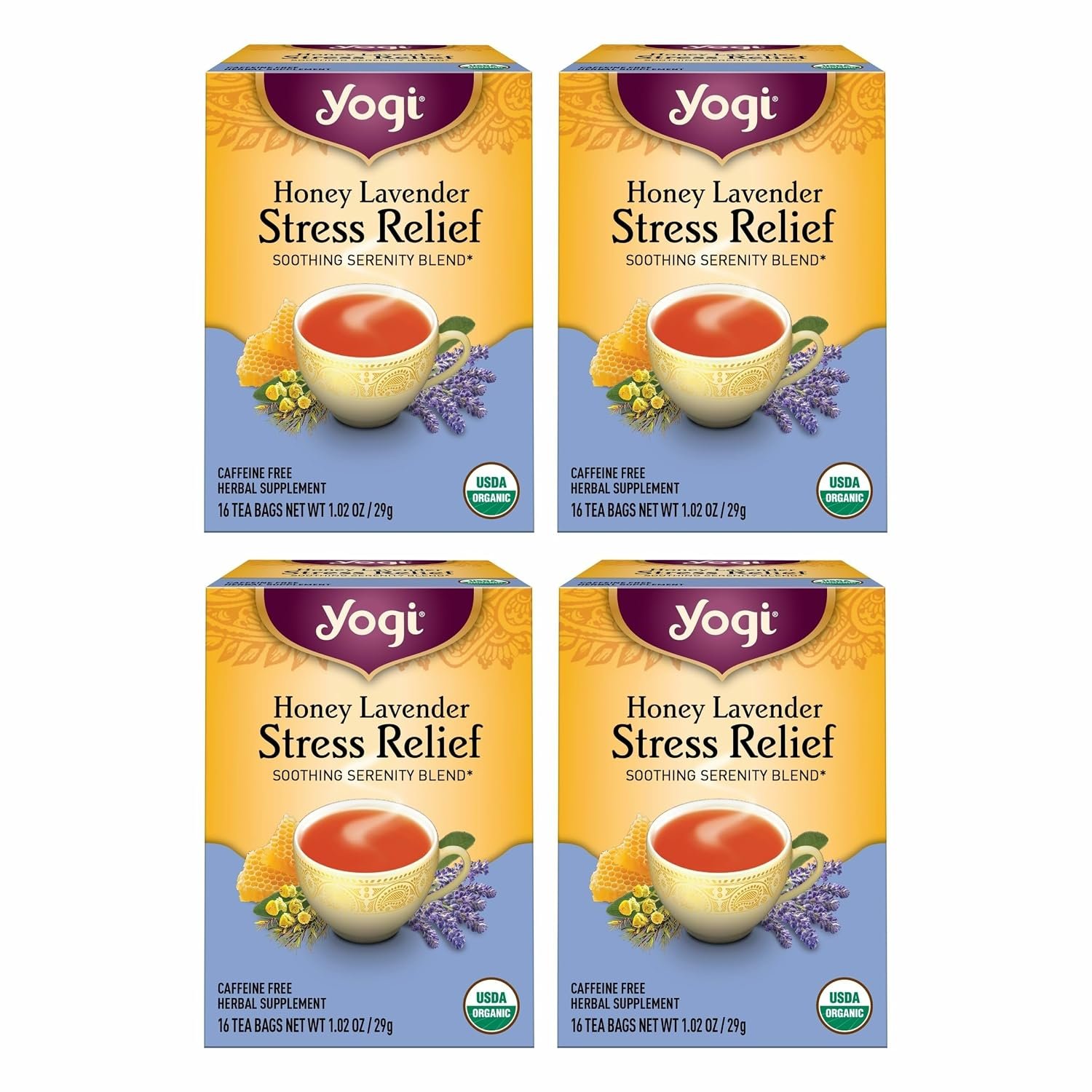 Yogi Honey Lavender Stress Relief Tea, 16 Tea Bags (4 Pack)