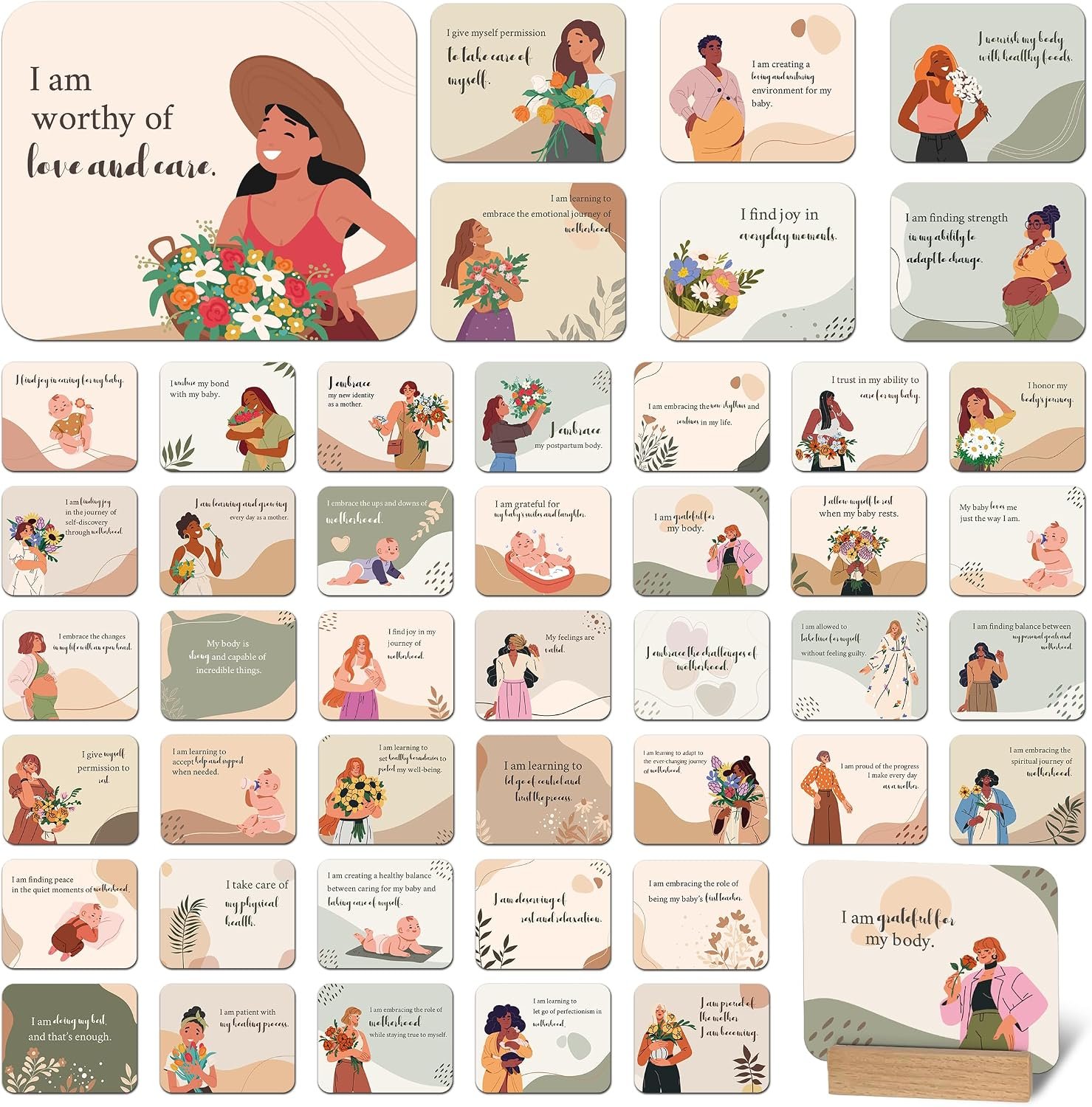 45 PCS New Mom Affirmation Cards for Postpartum – Mothers Day Gifts – New Mom Essentials Gifts with Empowering Messages – Postpartum Affirmation Cards with Wooden Stand & Metal Box for Mothers Day
