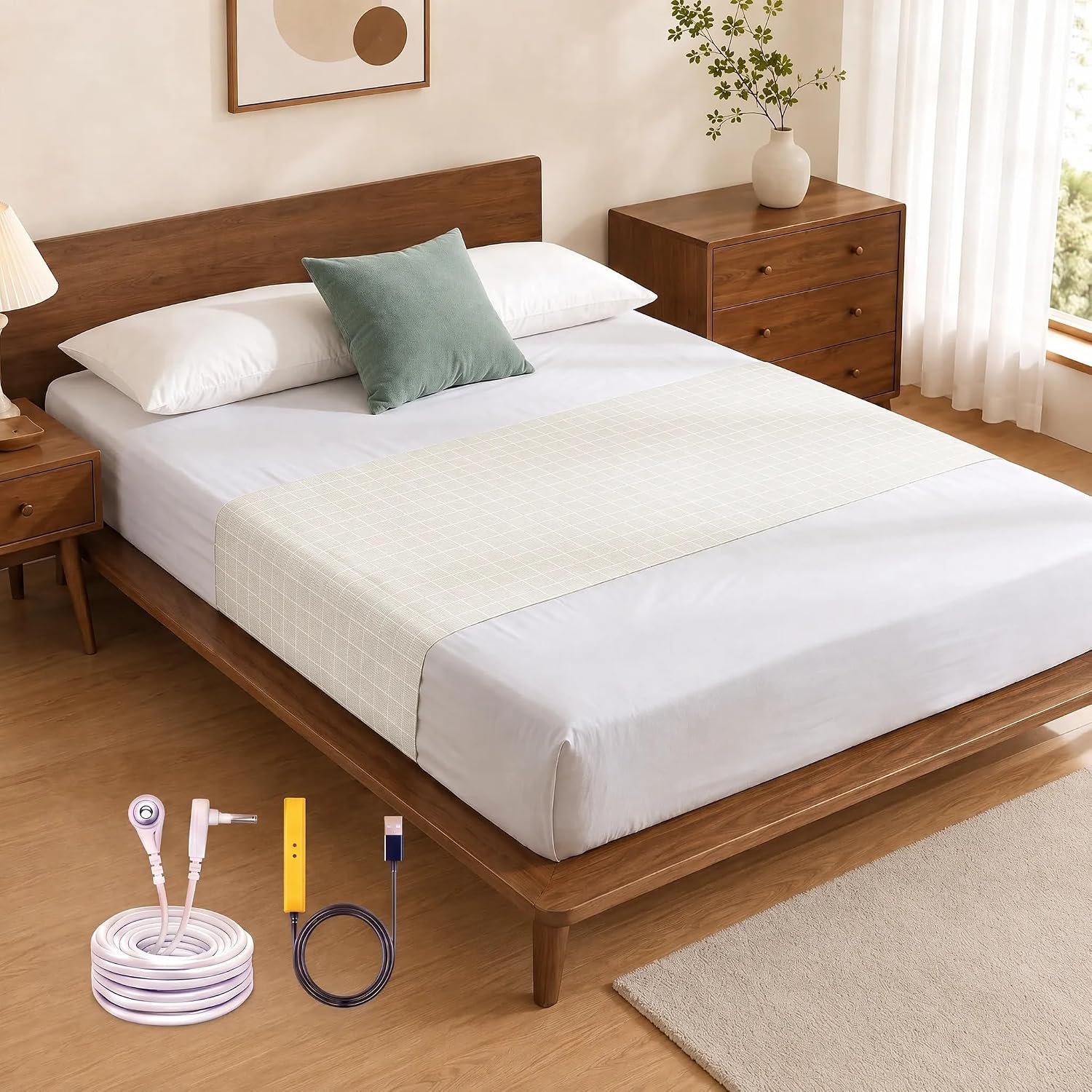Grounding Sheet for Bed 75% Organic Cotton+25% Pure Silver Fiber, Grounding Fitted Sheets for All Mattress Sizes, with grounding Cord and Test Pen (White, 105.5 * 23inch)