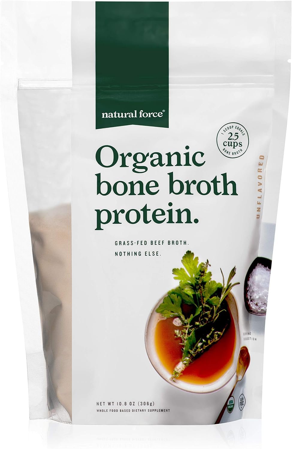 Natural Force – Pure Organic Bone Broth Protein Powder, Grass-Fed & Keto Certified, Types I, II & III Collagen, Unflavored, Perfect for Soups & Cooking, 10.8 oz