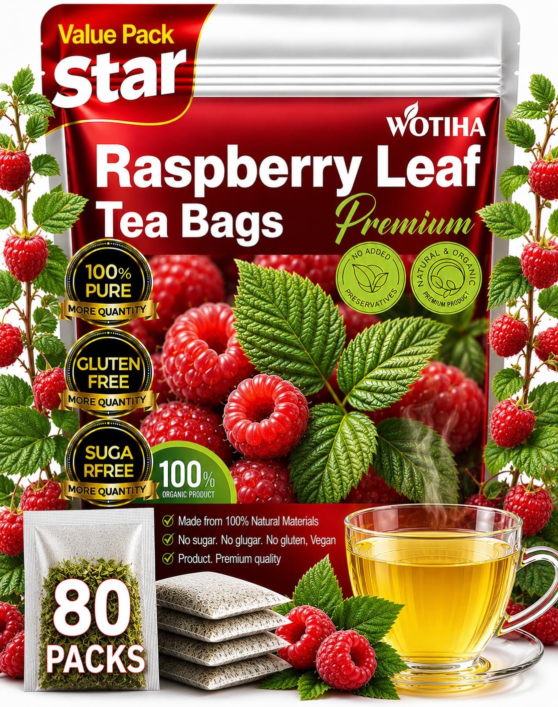 WOTIHA 80 Count Premium Raspberry Leaf Tea Bags – Pure Red Raspberry Leaf, Supports Pregnancy Health & Menstrual Comfort, Aids Childbirth Prep, Caffeine-Free, Additive-Free