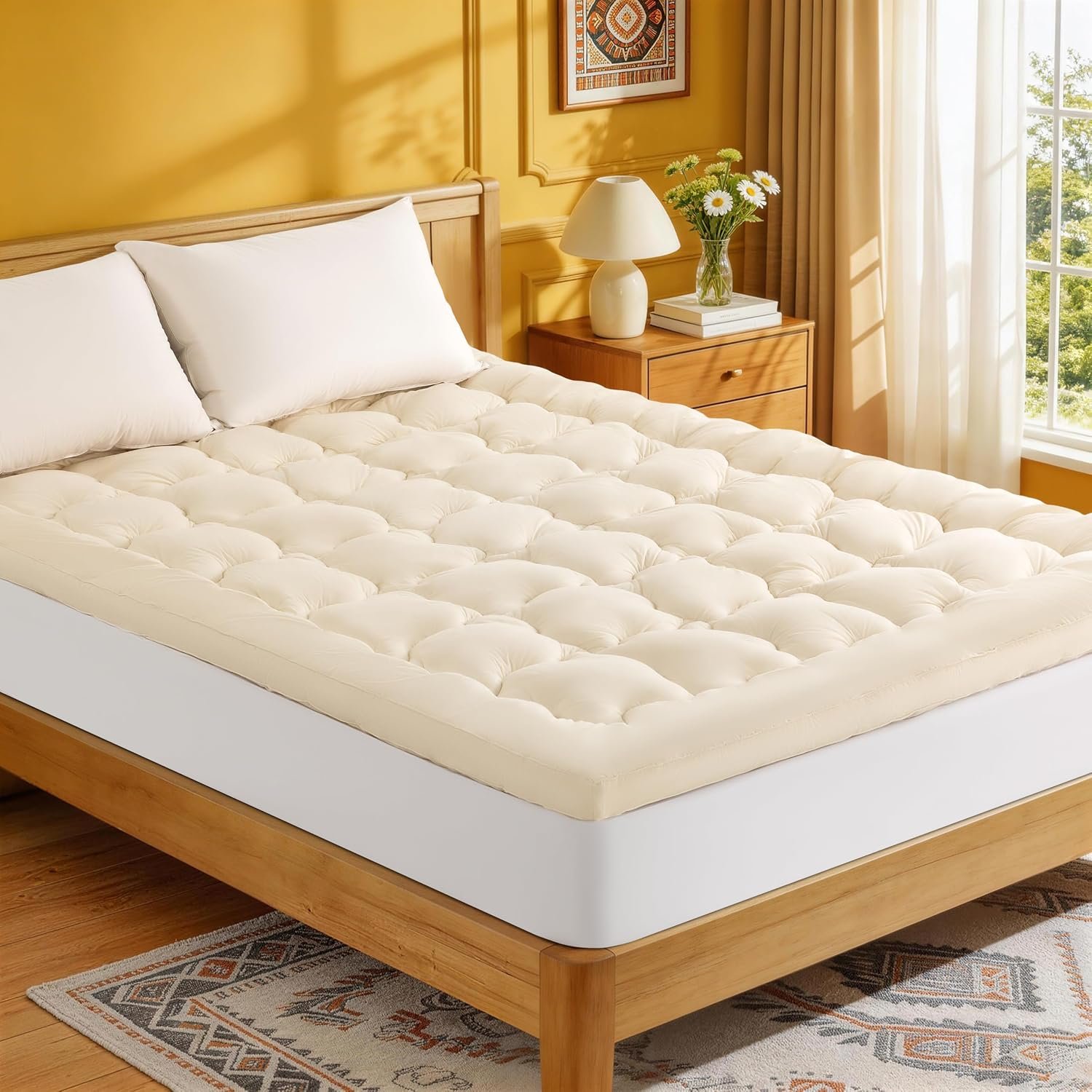 Luxury 60% Organic Wool + 40% Organic Cotton Mattress Topper, Extra Soft Wool Mattress Pad for Back Pain Relief, Plush Mattress Cover with 6″-18″ Deep Pocket (Queen,60″x80″)