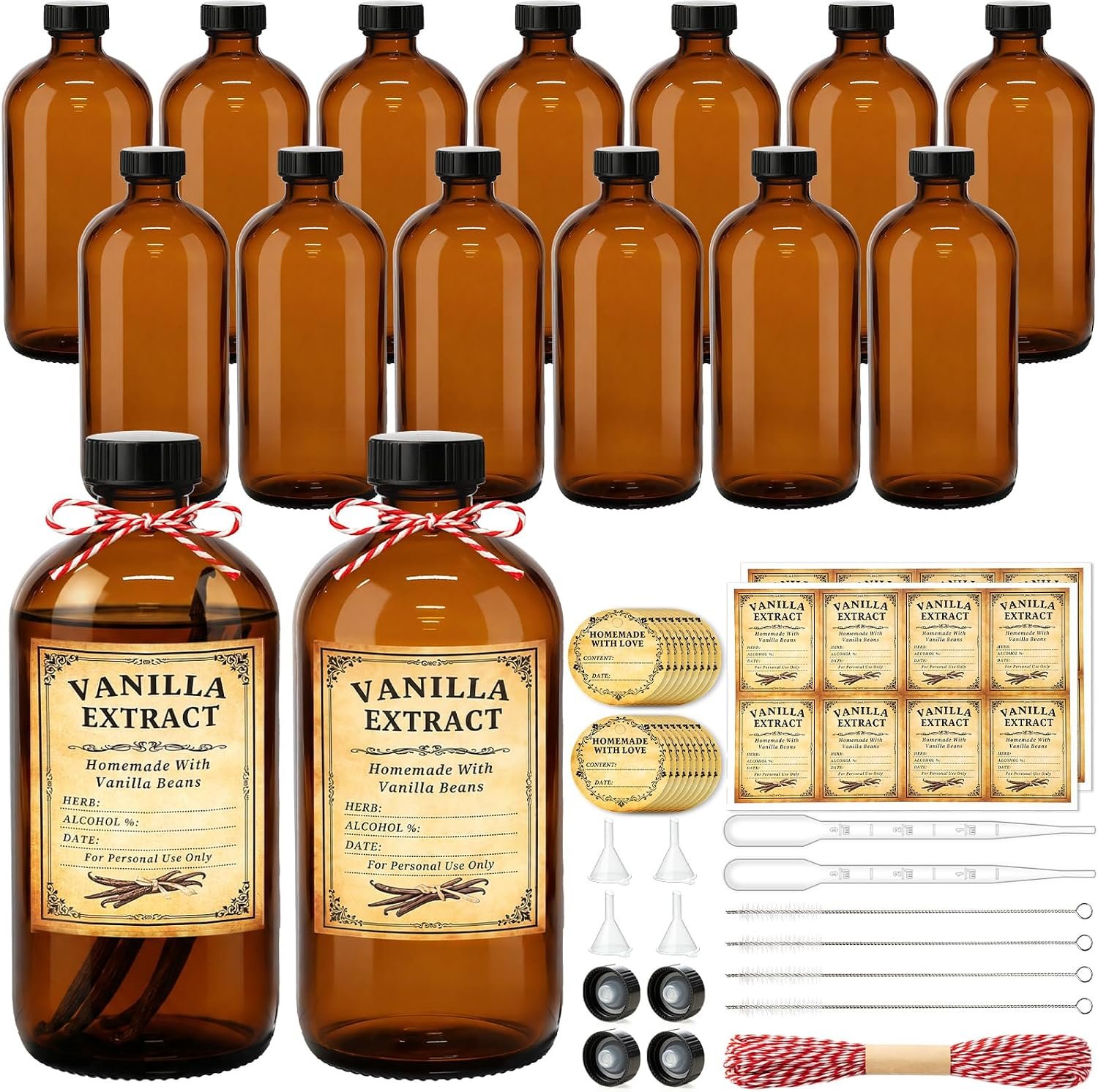 TBWIND 15 Pack 16oz (500ml) Vanilla Extract Bottles, Amber Glass Bottles